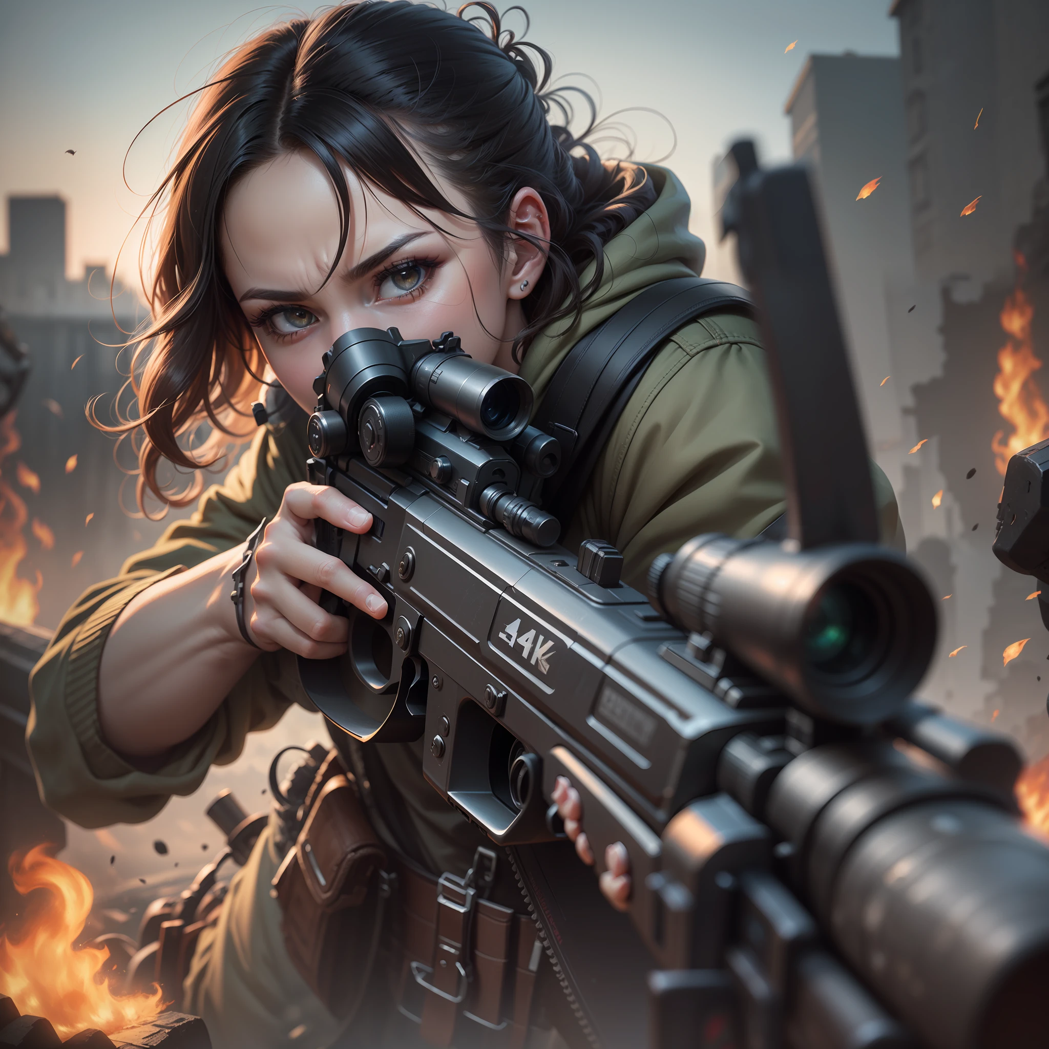 (4k, HDR), gun's muzzle pointed directly at the viewer, gunfire smoke (optional), overwhelming sense of danger.