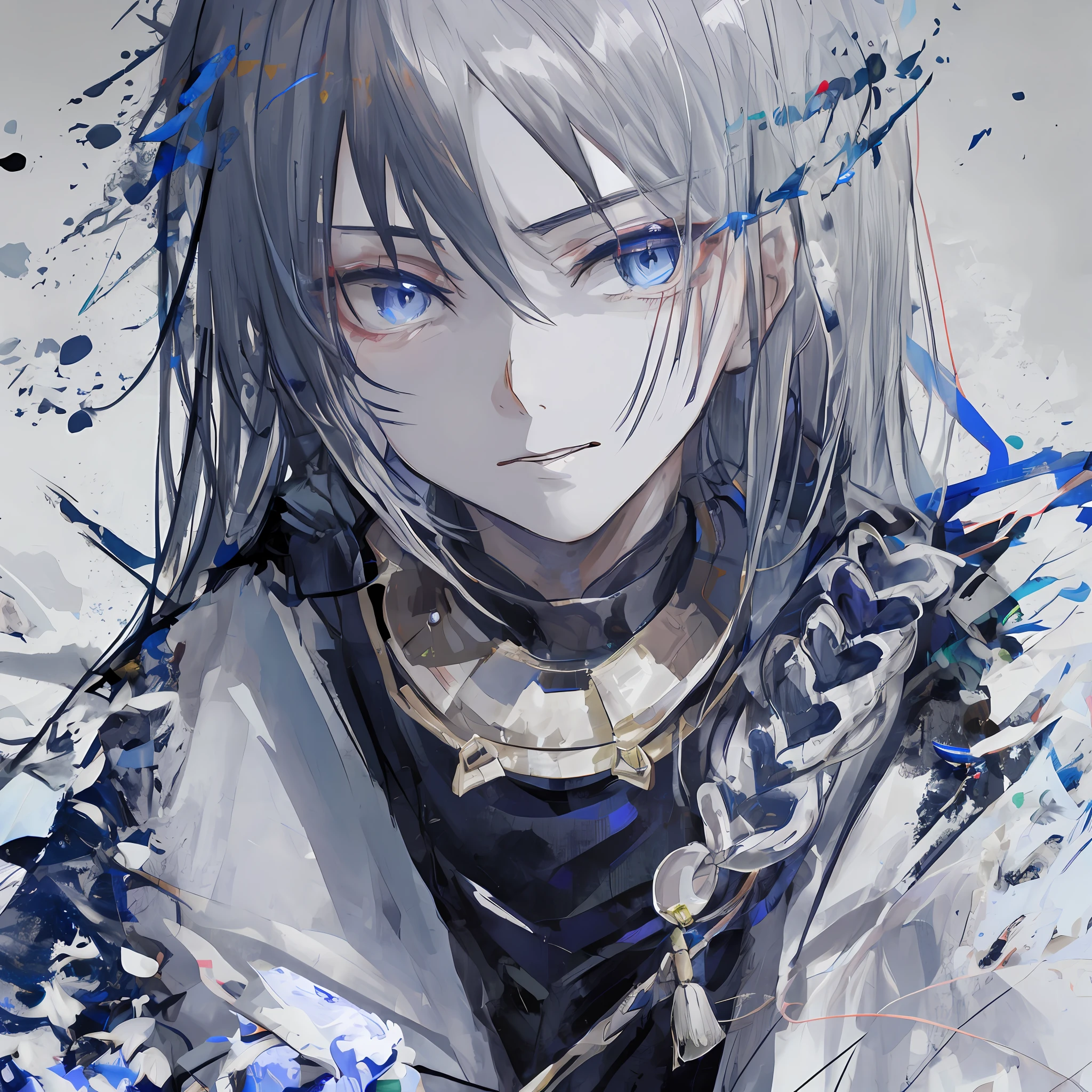 Gloomy man，The pupils are dark blue，Young but gray-haired。
