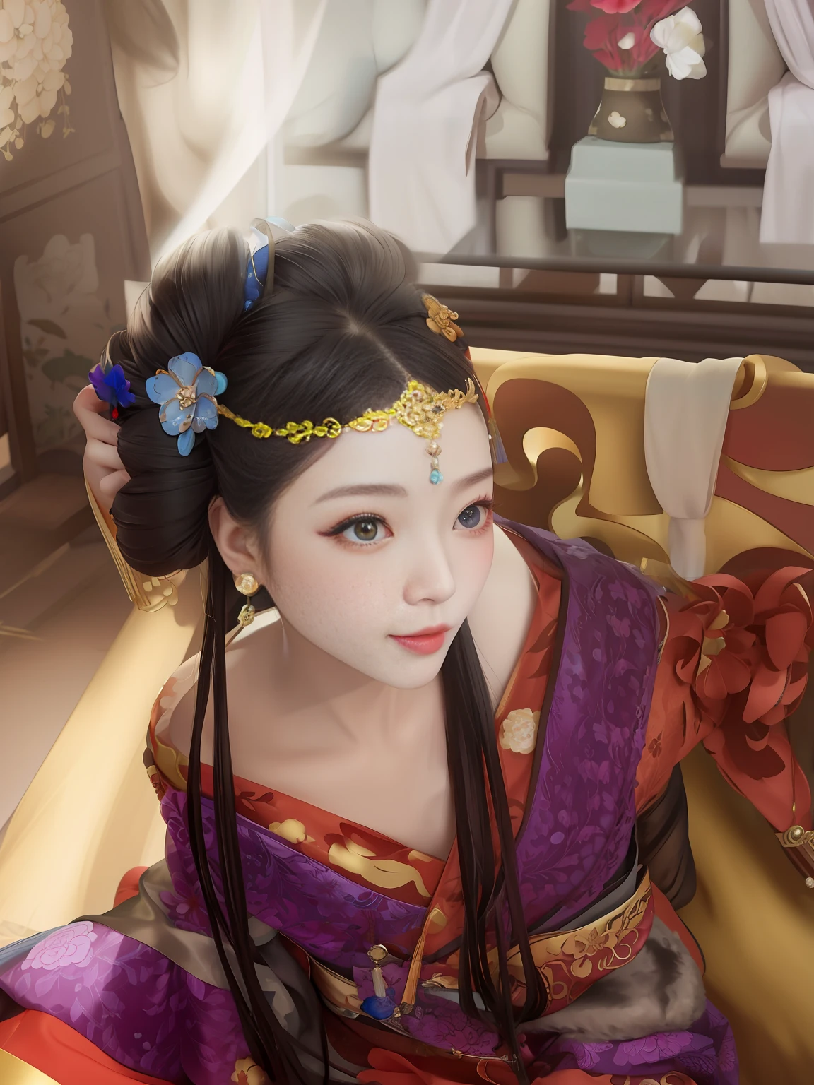 An Araki woman in a kimono sits on a chair,A flower stuck in his hair, Palace , A girl in Hanfu, a beautiful fantasy empress, Princesa chinesa antiga, ancient asian dynasty princess, China Princess, Wearing ancient Chinese clothes, Hanfu, Beautiful rendering of the Tang Dynasty, chinese empress, Inspired by Lan Ying, inspired by Li Mei-shu,,largeeyes