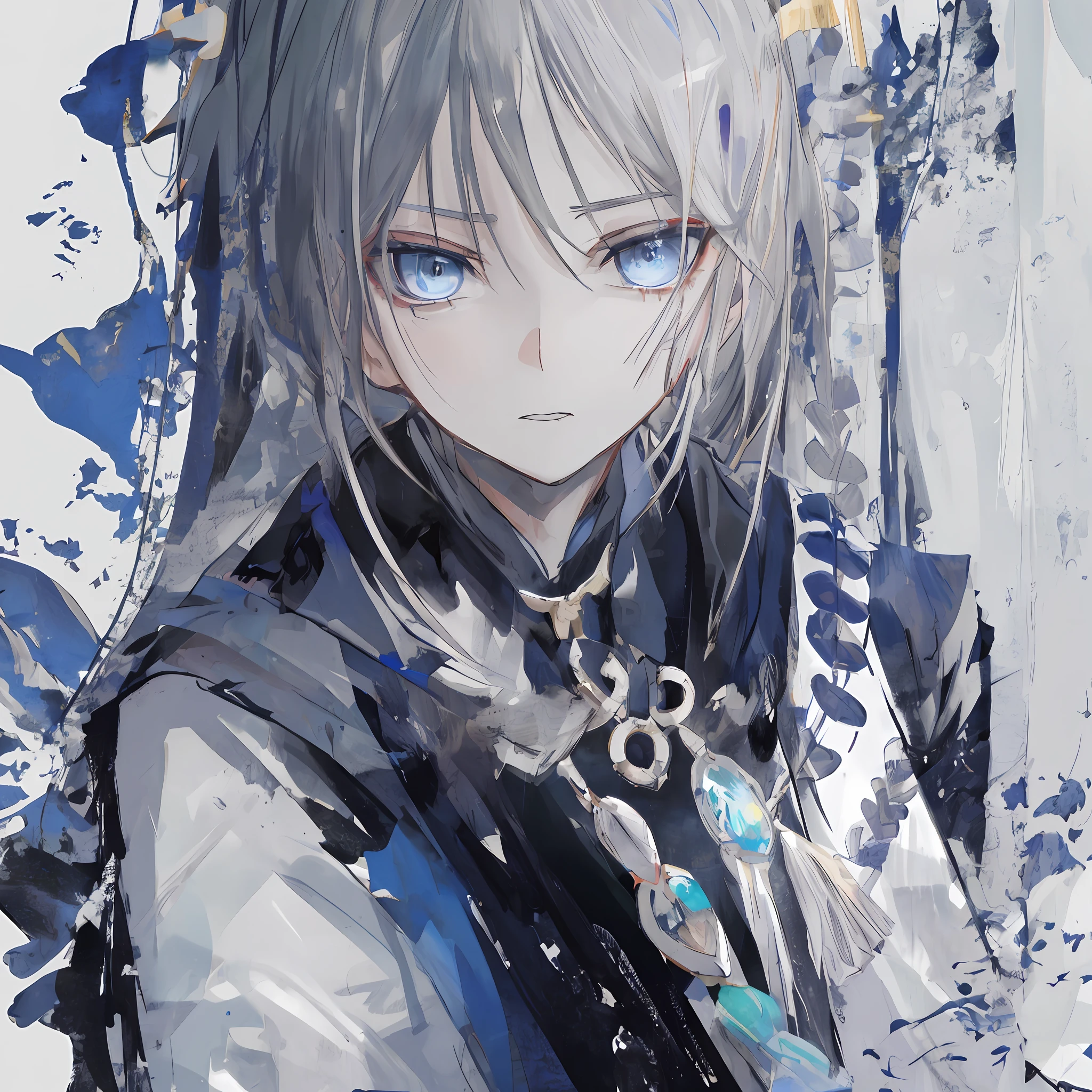 Gloomy man,The pupils are dark blue,Young but gray-haired。