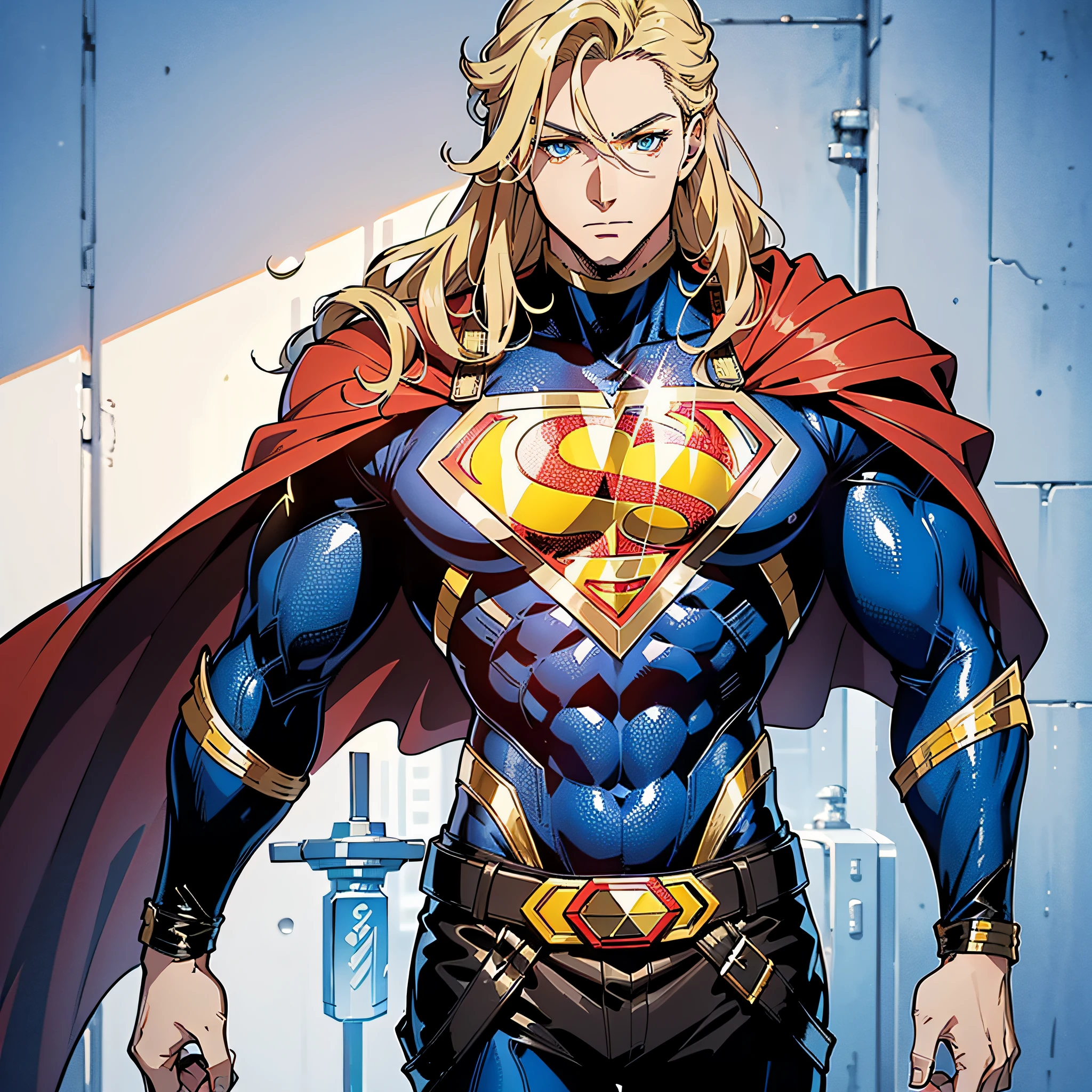 ((super detailed)),(((best quality))),(Character design sheet), anime style. (1 character), Superman+Thor, for a concept art sheet character, (strong body), (long blonde hair), blue eyes. outfit: a black cape with red and gold accents, superman costume with details and mix of Thor's costume,
S in black and gold on chest, belt with Mjolnir symbol