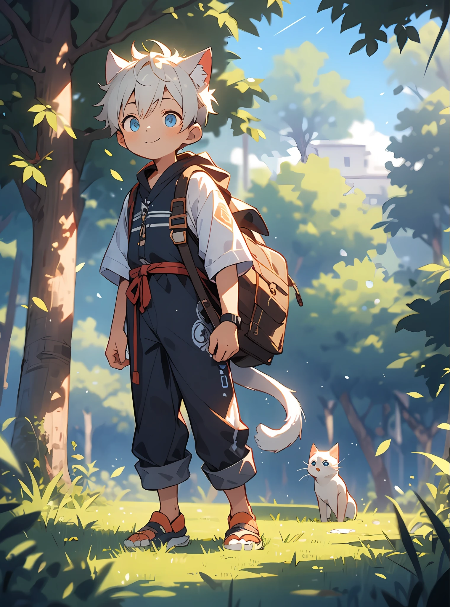 three fourths view，Shota，Black and white hair，toddlers，Blue eyes，cat ear ，a cat tail， adolable， standing on your feet， Master masterpieces， A high resolution，8K，detailedbackground，high high quality，Libido boy，独奏，shorter pants，grassy fields，baiyun，florals，falling leaf，Happy expression，The tree