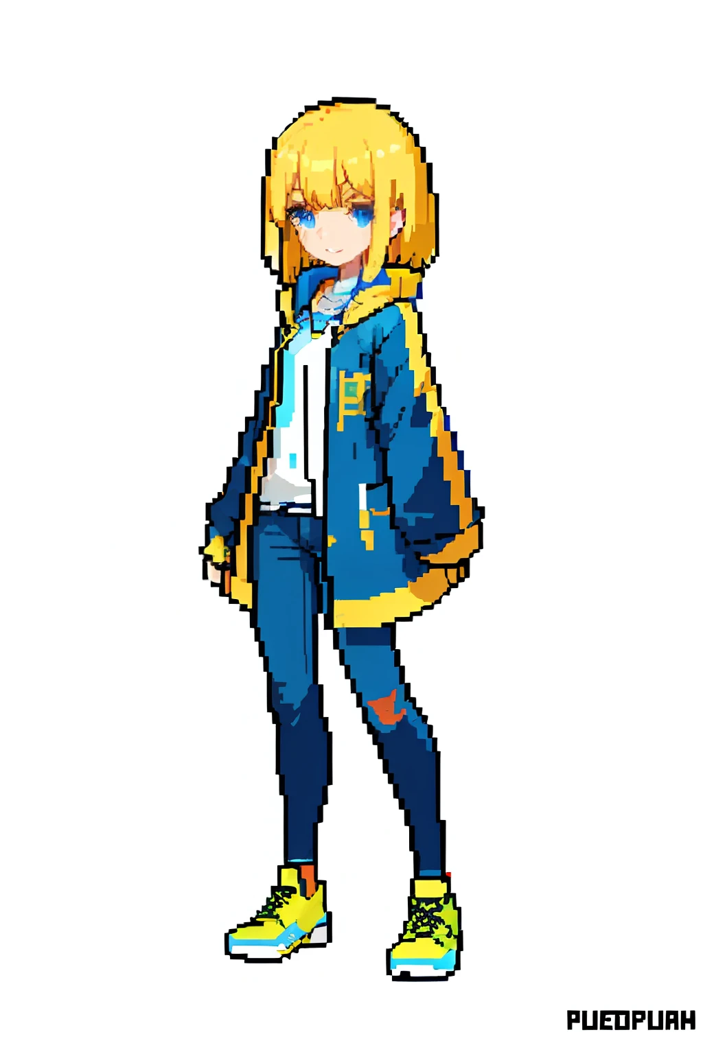 （tmasterpiece，top Quority，best qualtiy），pix，pixelart，1girl，full bodyesbian，Short and medium blonde hair，Microvolumes，fluffly，There are dull hairs，Age 20 years，Small lips，Big dark blue eyes，ssmile，Android，Black tight-fitting top，Light blue coat，Red headphones hang around your neck，denim pant，Nike shoes