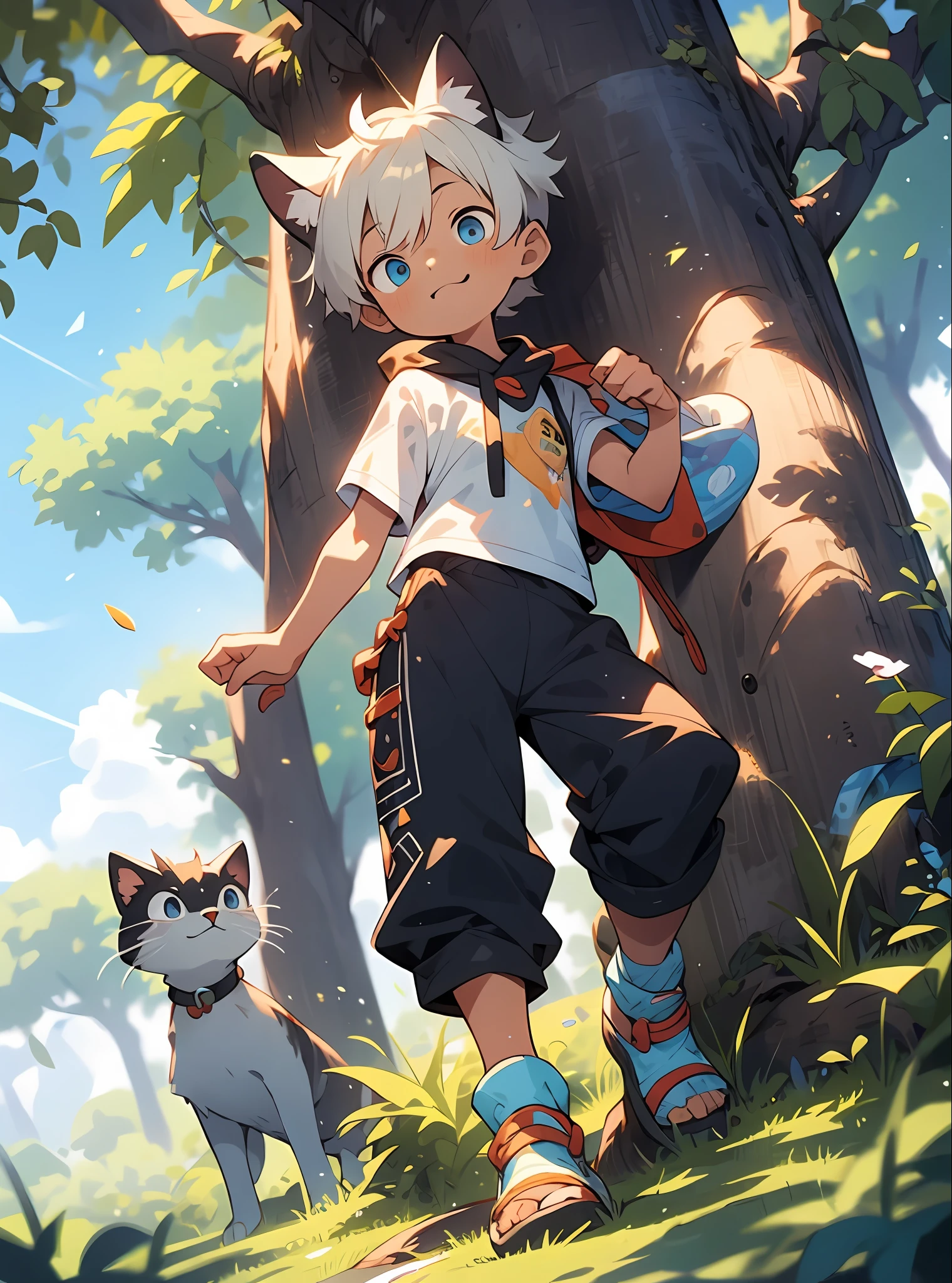 three fourths view，Shota，Black and white hair，toddlers，Blue eyes，cat ear ，a cat tail， adolable， standing on your feet， Master masterpieces， A high resolution，8K，detailedbackground，high high quality，Libido boy，独奏，shorter pants，grassy fields，baiyun，florals，falling leaf，Happy expression，The tree