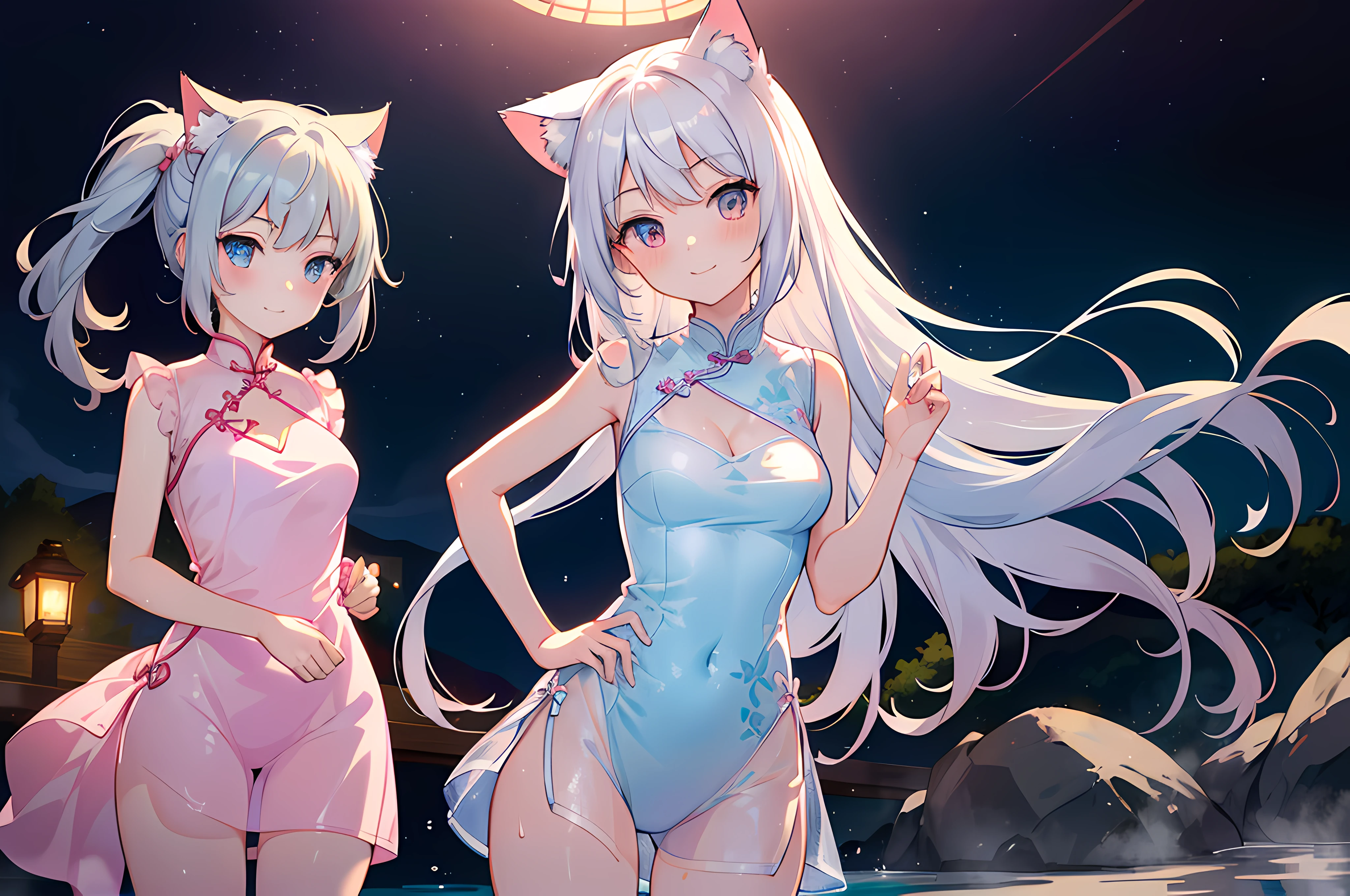 Masterpiece, top quality anime illustration, super detailed, two girls, silver-haired beautiful girl, anime , cat ear loliort cheongsam, sleeveless, pale color pink see-through cheongsam and light blue see-through cheongsam in pale color, smile, bare skin lateral breast, thigh focus, cleavage emphasis, hot spring