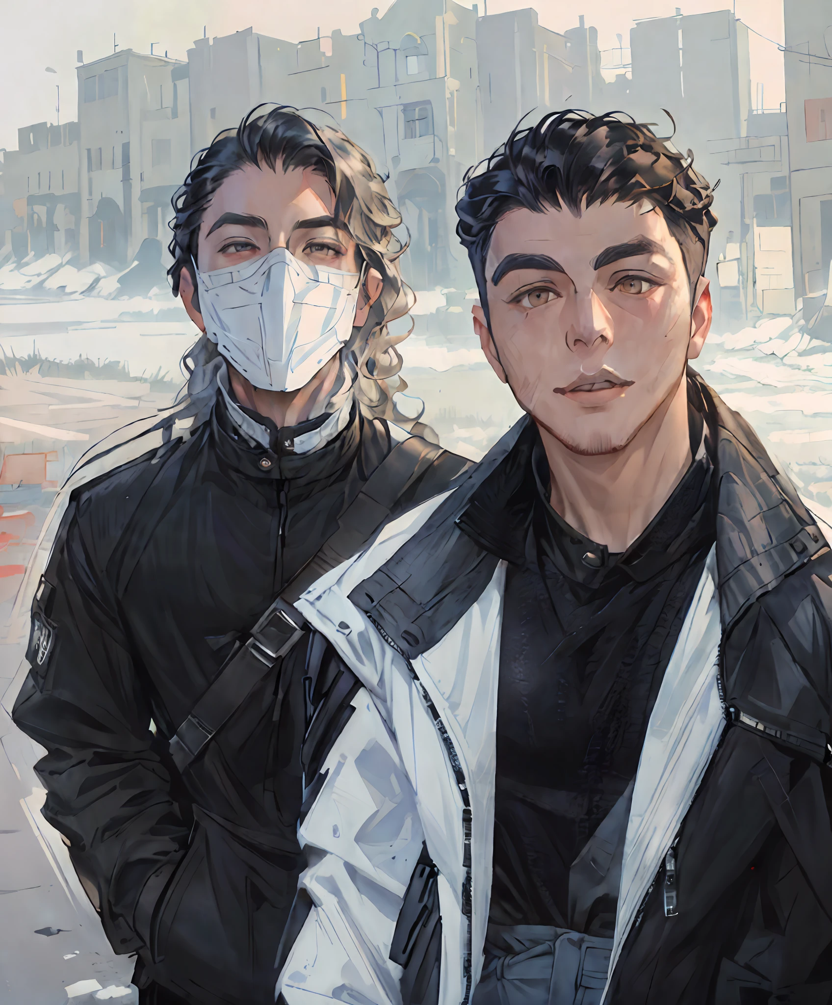 (Art HD 8,000 pixel selfie photo，Extremely realistic artistic realism style，scifi style，Mechanical armor),(Two young men wearing masks，Long-haired wolf-tailed boy in black mechanical wind suit wearing mechanical mask，Wearing white mechanical style clothes，Curly-haired boy without a mask)