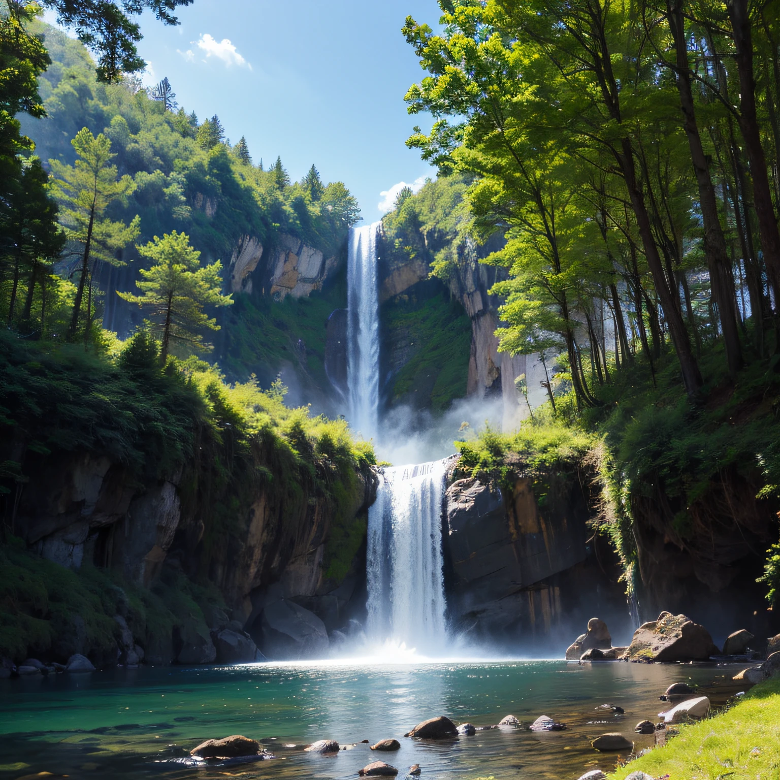 waterfall, sky, blue, tree, green --auto
