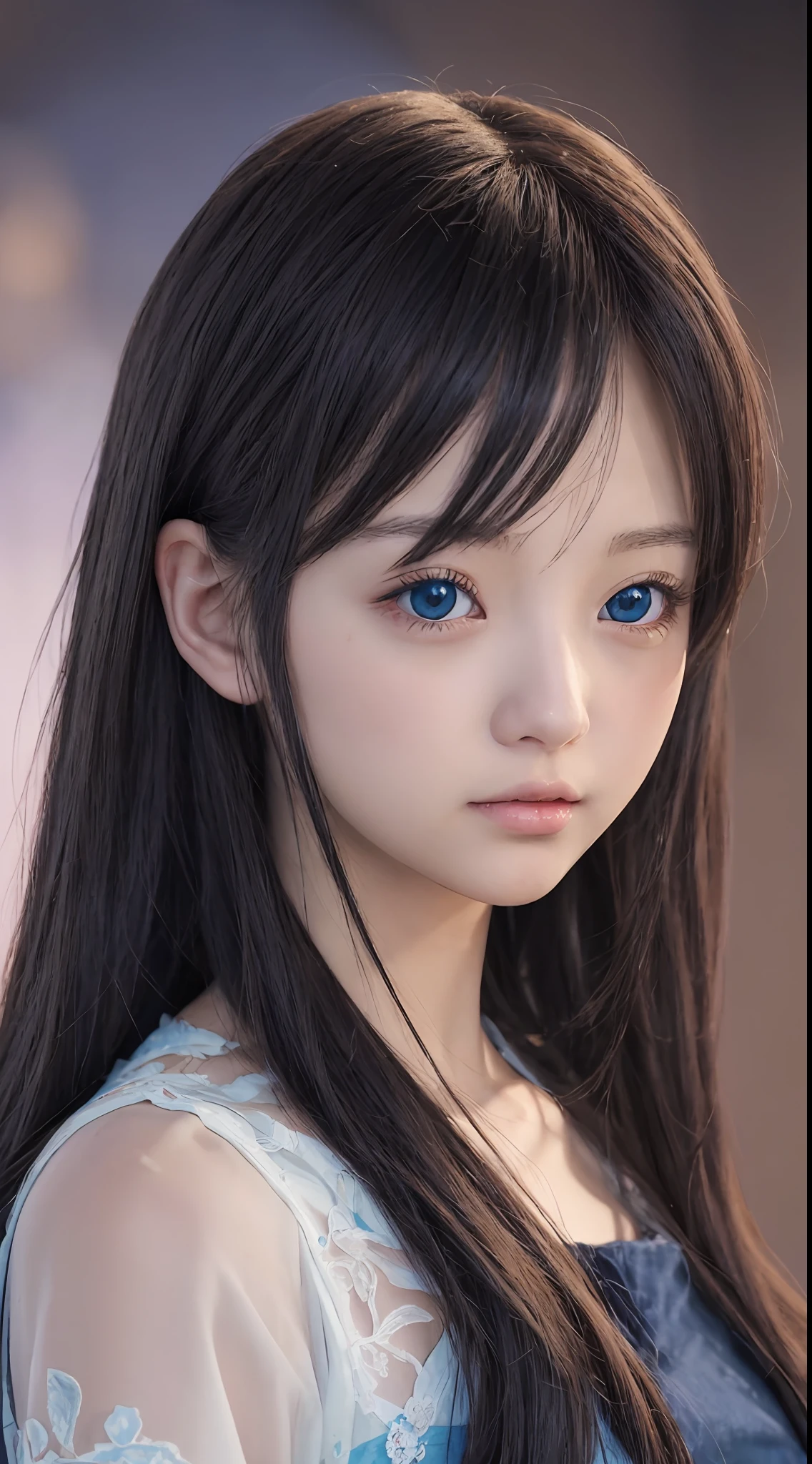 Anime girl with long black hair and blue eyes,smooth anime cg art,Realistic anime 3 D style,Realistic anime art style,detailed digital anime art,digital anime illustration,Realistic anime art style,Kawaii realistic portrait,detailed portrait of an anime girl,a beautiful anime portrait,photorealistic anime girl rendering,Realistic young anime girl, portrait anime girl