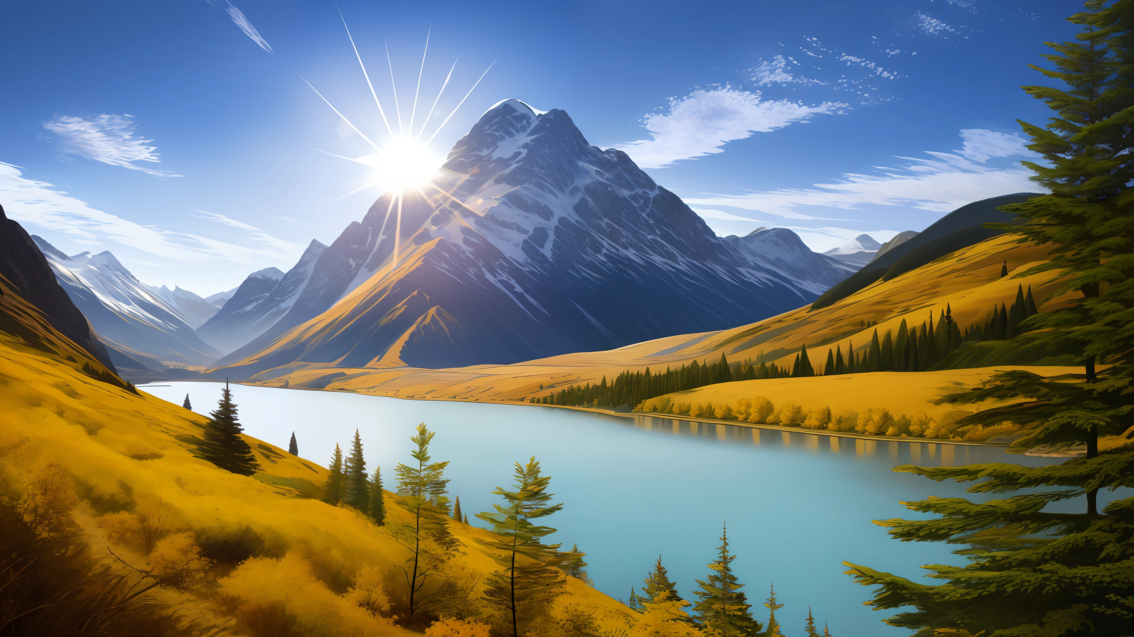 detailed background, masterpiece, best quality, scenery, mountains, river, forest, sun, day, clouds