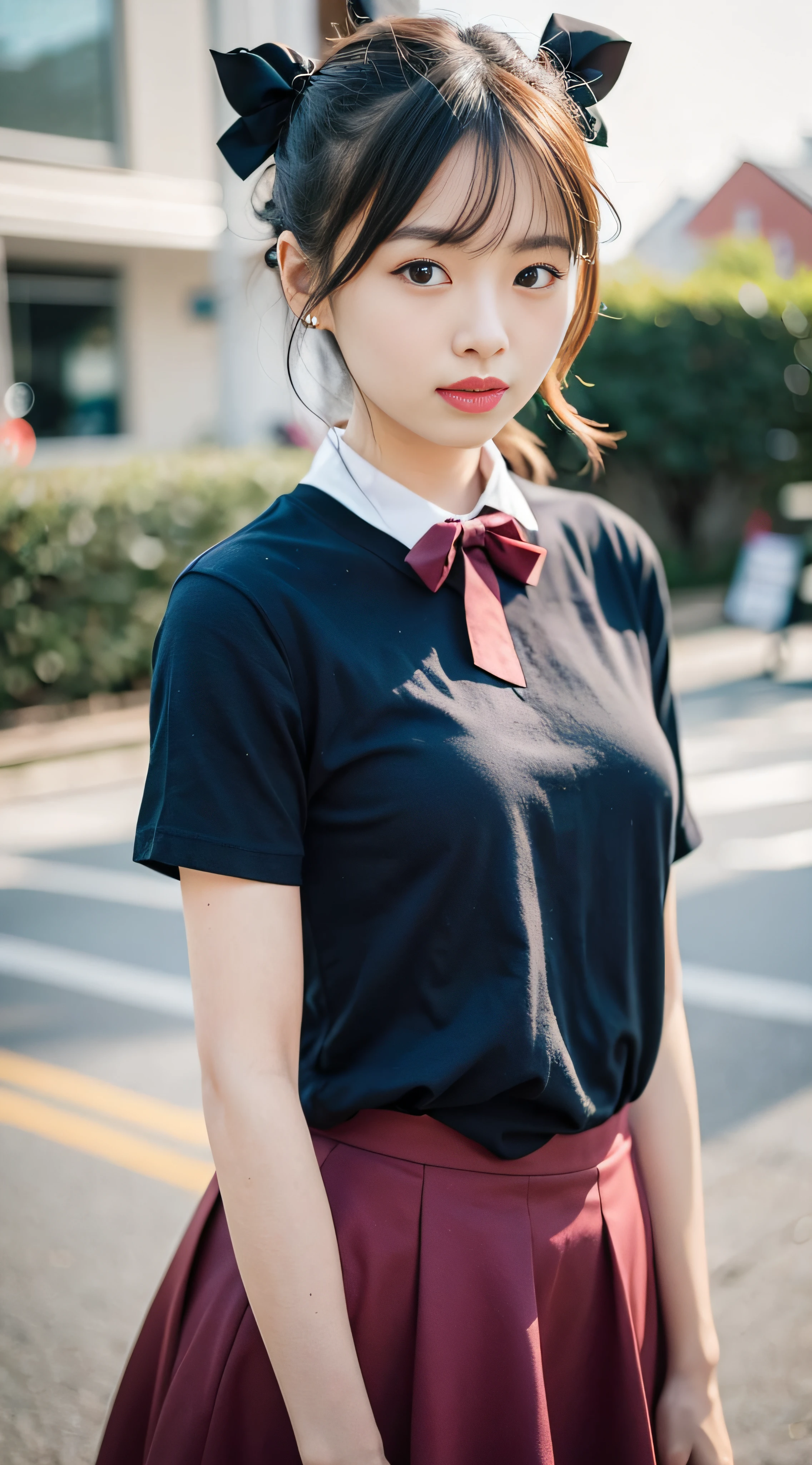 (4k, RAW photo, best quality, masterpiece: 1.3), (real, photo real: 1.37), (night), (looking at viewer: 1.331), (black hair), posing, school playground, night scene, tender Light, 1girl, beautiful face, half body, hands down, random hairstyle, random expression, big eyes, belly, (short sleeve.JK_shirt), JK_style, (dark red JK_skirt) ,(Bowknot JK_tie),solo,