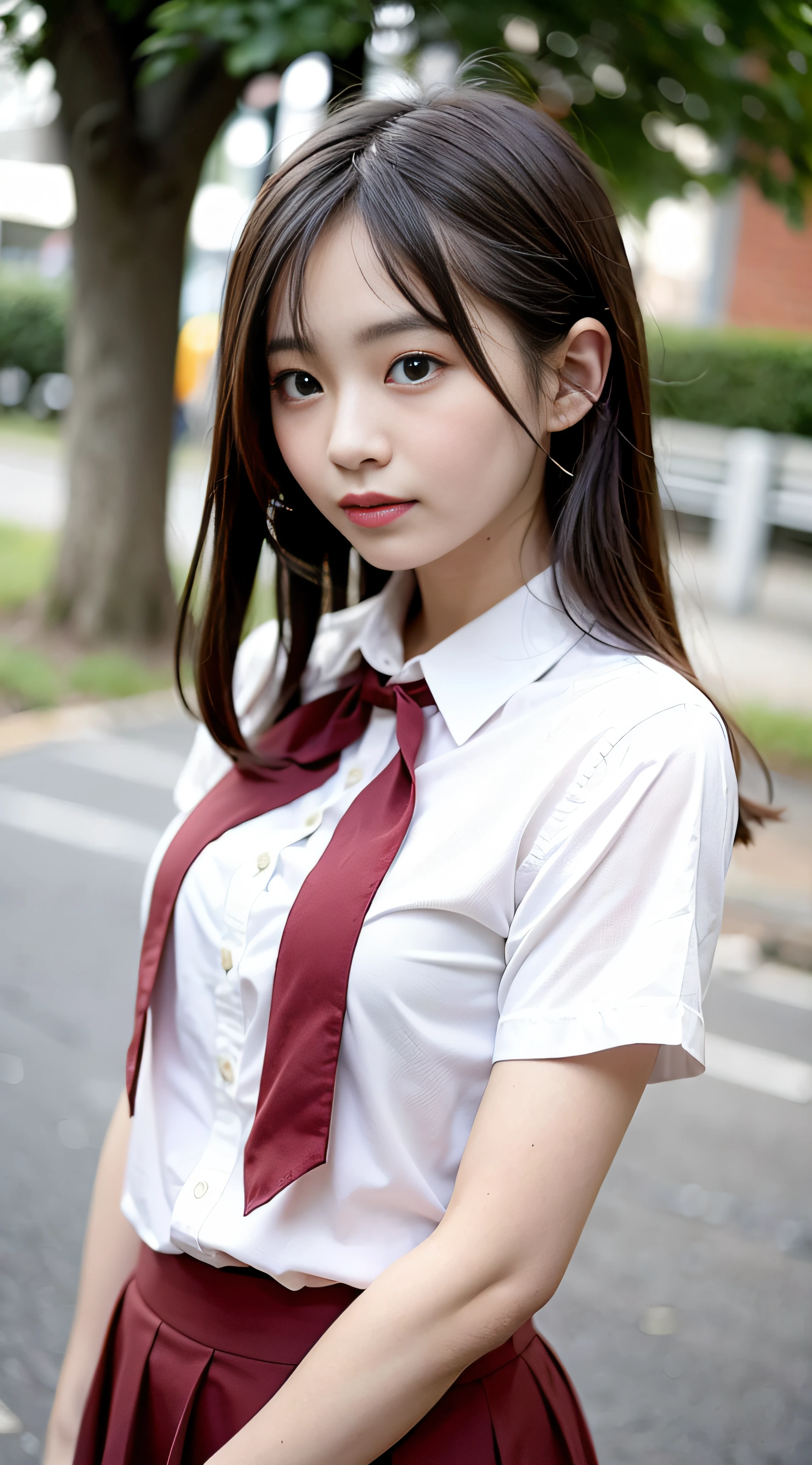 (4K, RAW photo, Best quality, Masterpiece: 1.3), (Real, photoreali: 1.37), (Night), (view the viewer: 1.331), (Black hair), posing on a, School playground, Night scene, Gentle light, 1girll, Beautiful face, A half body, Random hairstyle, Random expression, Big eyes, belly, (short- sleeved.JK_shirt), JK_Style, (Crimson JK_Skirt) ,(Bow knot jk_tie),Solo,