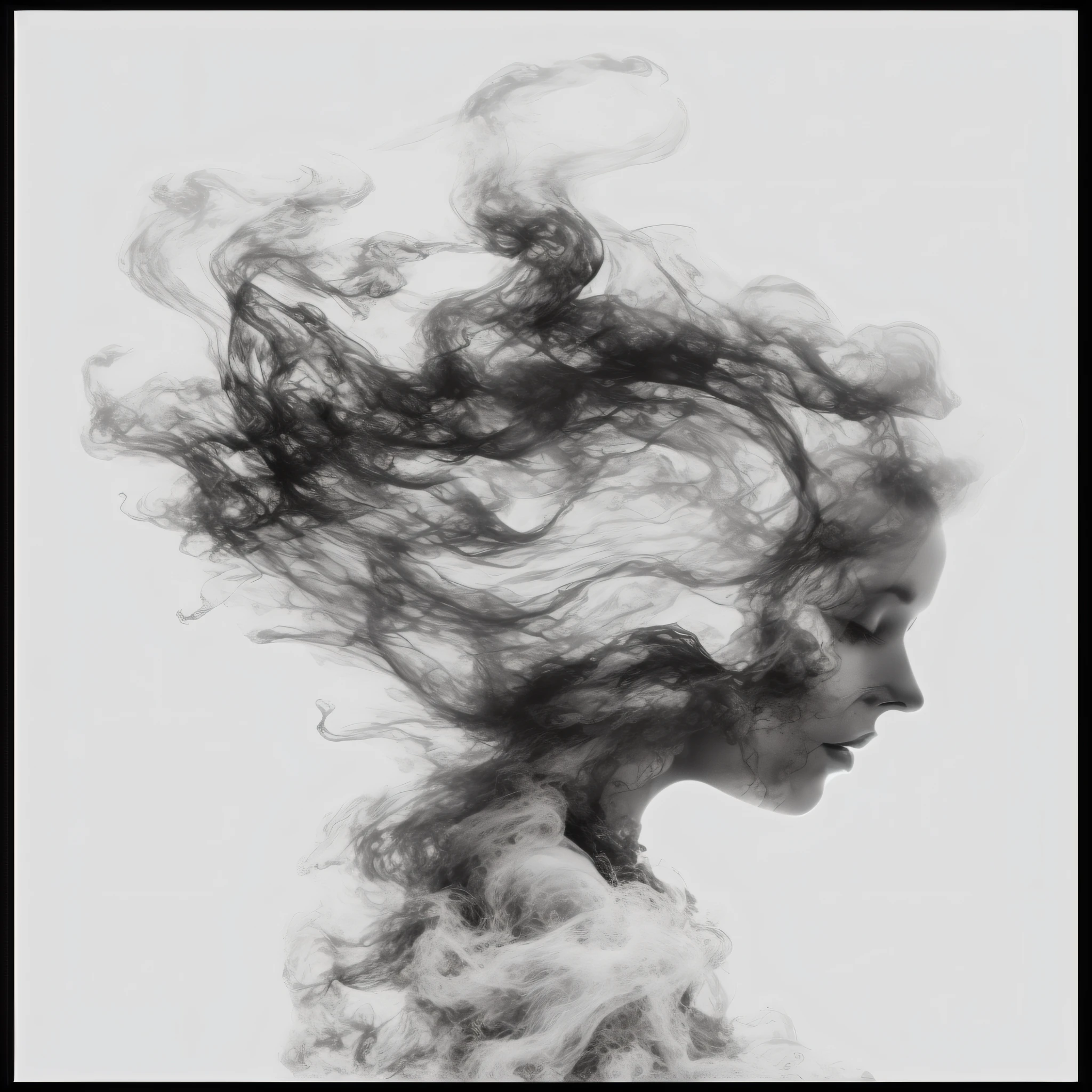 A black and white photo of a woman with smoke in her hair, Detailed smoke, Swirling fluid smoky mystery, Smoke art, wispy tendrils of smoke, gentle smoke effect, Intricate smoke magic, Abstract portrait, Smoke, Swirls of smoke, swirly smoke, smoke tendrils, woman made of black flames, Swirling smoke, Fluid smoke art