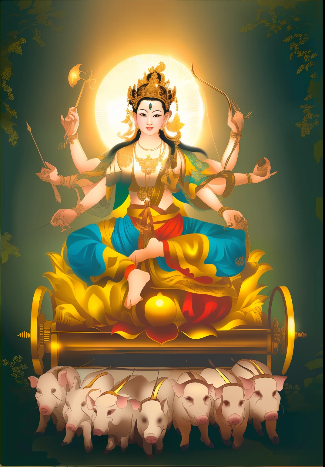 tmasterpiece,Ultra-clear resolution,The beautiful female bodhisattva is three-headed and eight-armed,Sitting on a lotus on a golden cart,A total of eight hands hold various magic weapons,The ones on the right-hand side are;axe、arrow、stitches,The left hand holds the same;the bow、Cord、ligne,Bodhisattvas have fair skin,Wearing a golden crown,Bundle hair blonde,jewelry,Yingluo,Light blue dress,There are seven small golden pigs pulling carts side by side in front,The bodhisattva has a round light behind his head,Blue sky in the background,The characters come to life,Positive light,The light is uniform and bright,The characters are bright and natural,outstanding illustration,