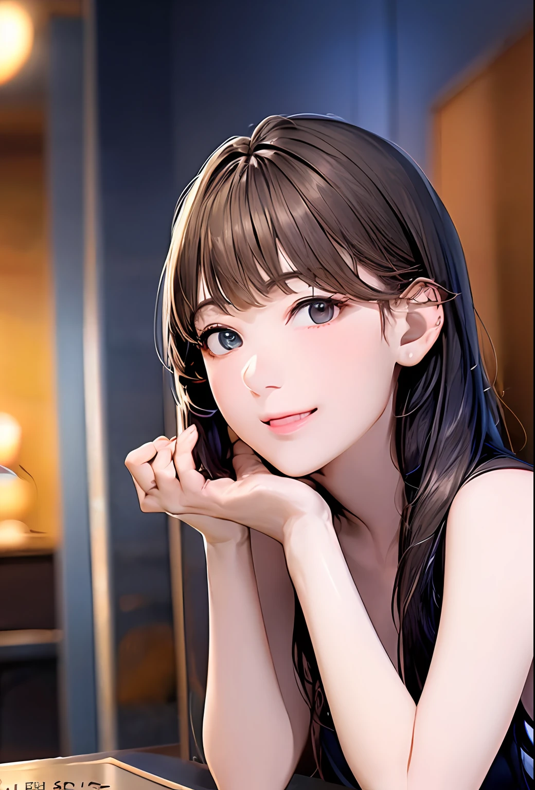 (in 8K、top-quality、masterpiece:1.2)、(realisitic、Photorealsitic:1.37)、高精細CG統合8K壁紙、(HQ Skin:1.8、shiny skins)、8KUHD、Digital SLR、Soft lighting、hightquality、Film grain、FujifilmXT3(Professional Writing:1.6)、ultra-detailliert、 1 人、cute little、独奏、mid night、Beautiful detailed sky、Detailed Cafe、sitting on、date、(Nasal blush)、 (smile1.15)、(Keep your mouth shut)small tits、beautiful tbig eyes、Floating Hair NovaFrogStyle、