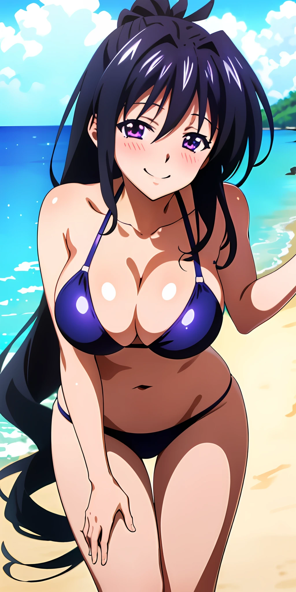 (Best quality:1.3), himejima akeno, black long hair, large breasts, bikini, leaning forward, (pov, blushing:1.2, close shot), smiling, beach