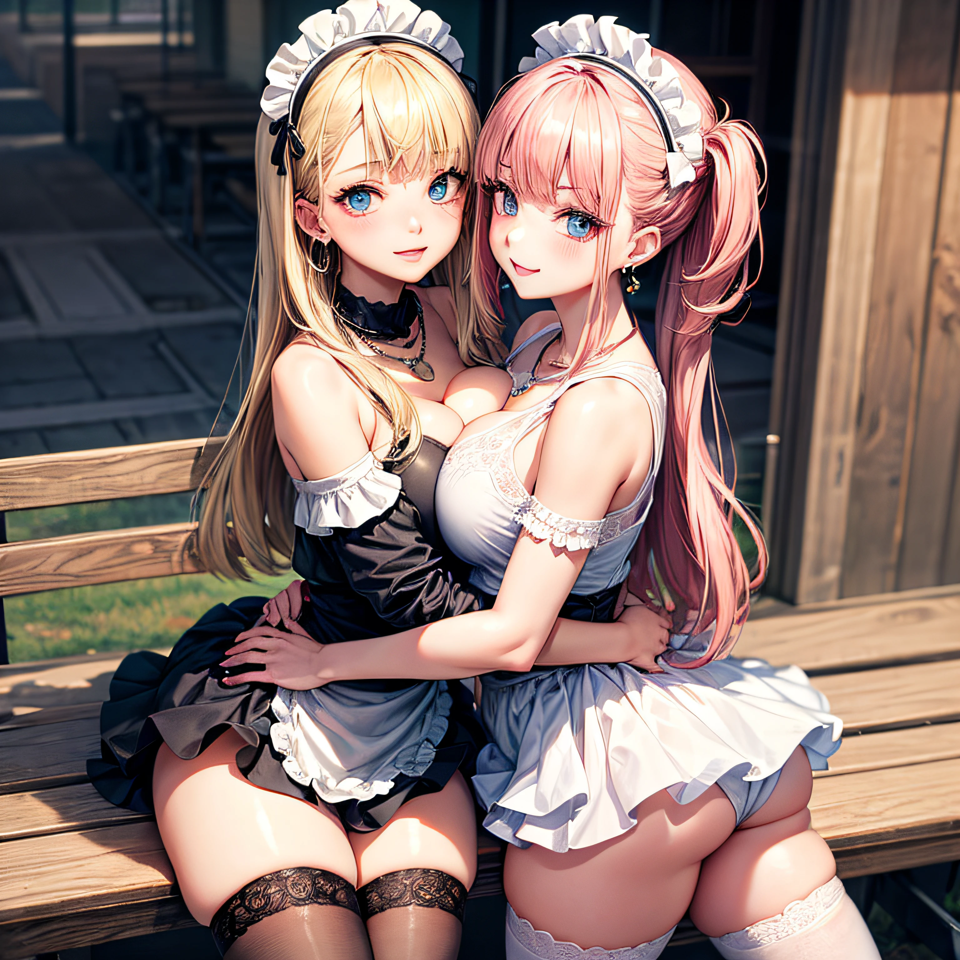 two girls, hug, 8K RAW photos, high resolution, very big breasts, bossy pose, moody smile, pretty bright blonde hair, maid clothes, school rooftop, school bench, beautiful thighs, beautiful knees, thighhighs, two beautiful girl at , round face, baby face, very thin mouth, beautiful eyes in detail, long eyelashes, beautiful double eyelids, sanpaku eyes, duck mouth, blunt bangs, earrings, necklace,