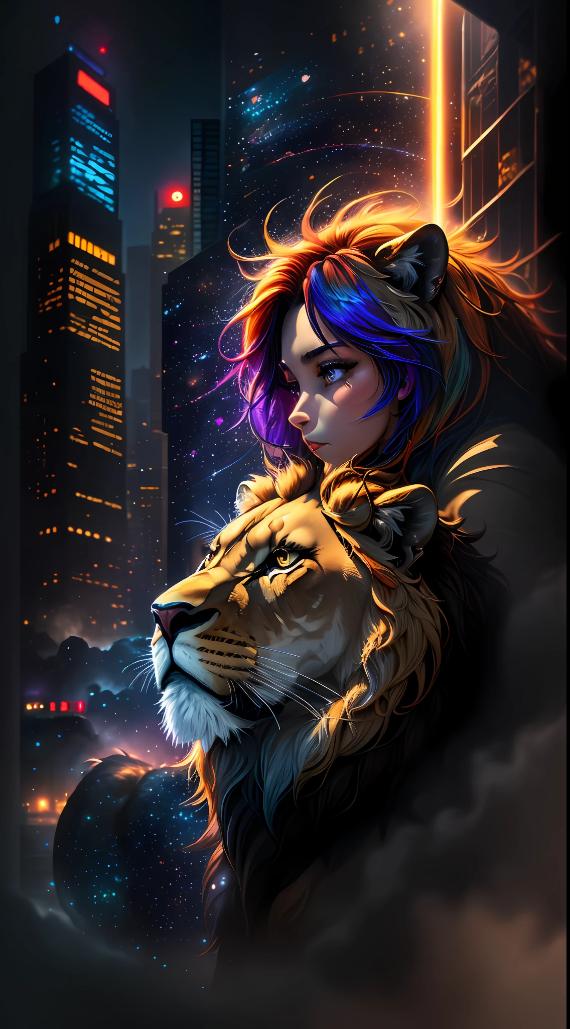 (masterpiece, high quality, highres,illustration), 1girl, galaxy multicolored hair in New york city playing with a lion at night with orange fog, cybercity, high detailed lion face,