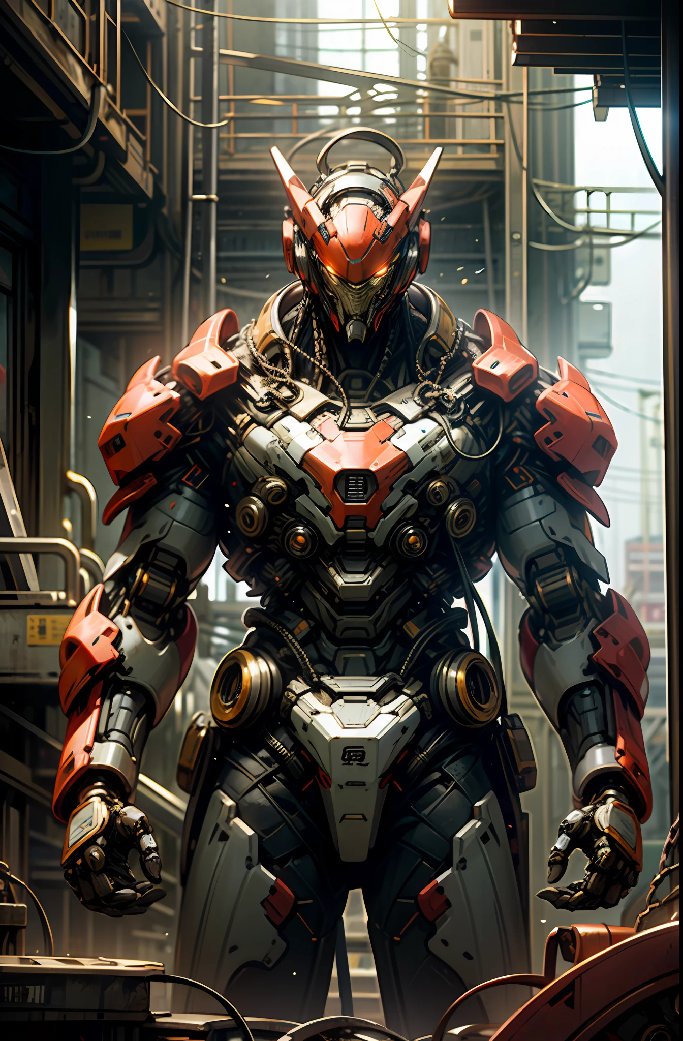 Dark_Fantasy,Cyberpunk,(chain saw,chain saw man,Red:1.1),1man,Mechanical marvel,Robotic presence,Cybernetic guardian, wearing a worn-out mech suit, intricate, (steel metal [rusty]), elegant, clear focus, shot by greg rutkowski, soft lighting, vibrant colors, masterpiece, ((street)), cowboy shot, dynamic pose,