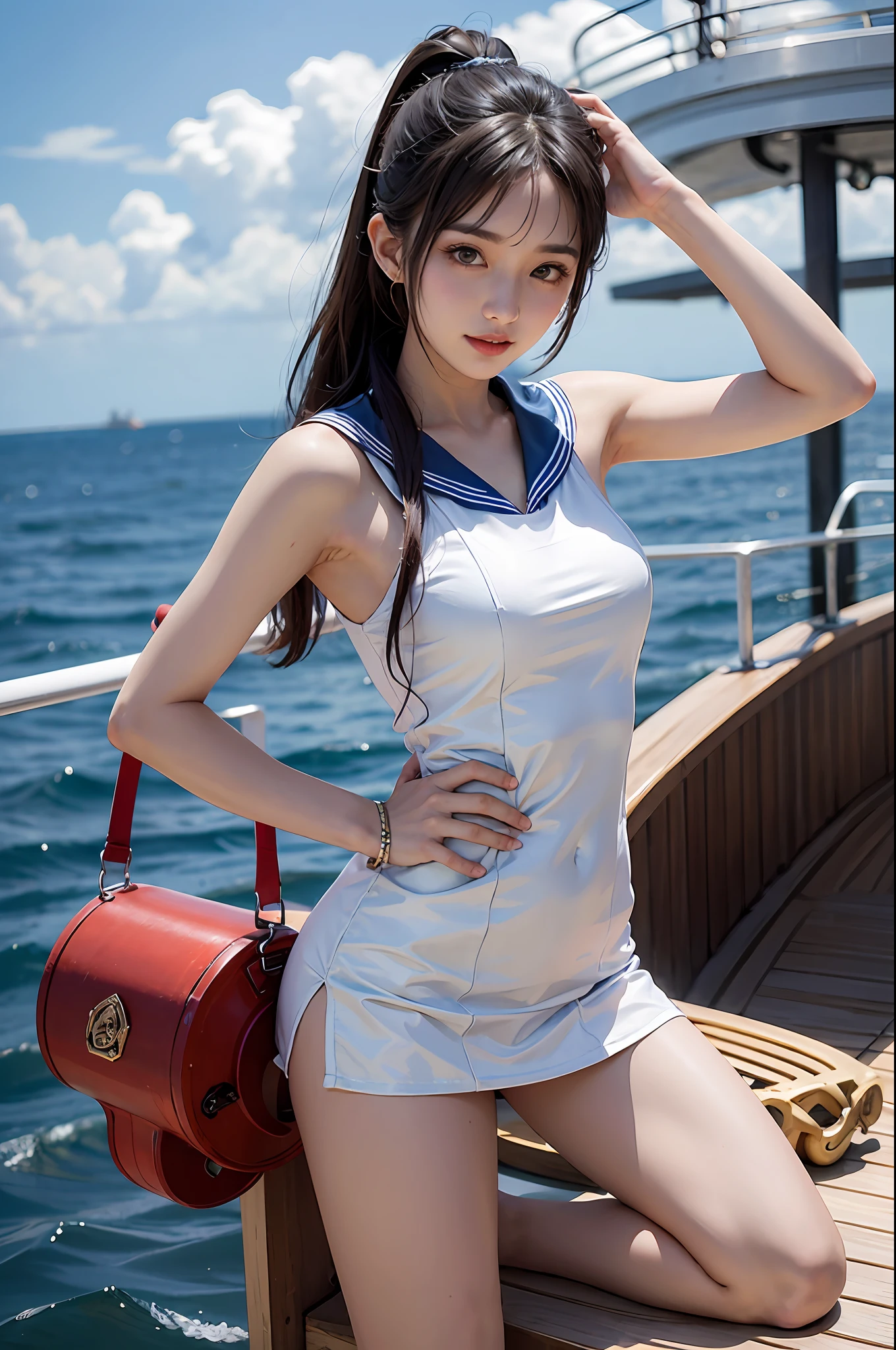 On the deck of a luxury cruise ship,mast,buoy,Pose for photos in loose blue and white sailor suits and short skirts,Slim girl model,ff Tifa,24 years old female model,double-ponytail,Unilateral bangs,✌🏻️