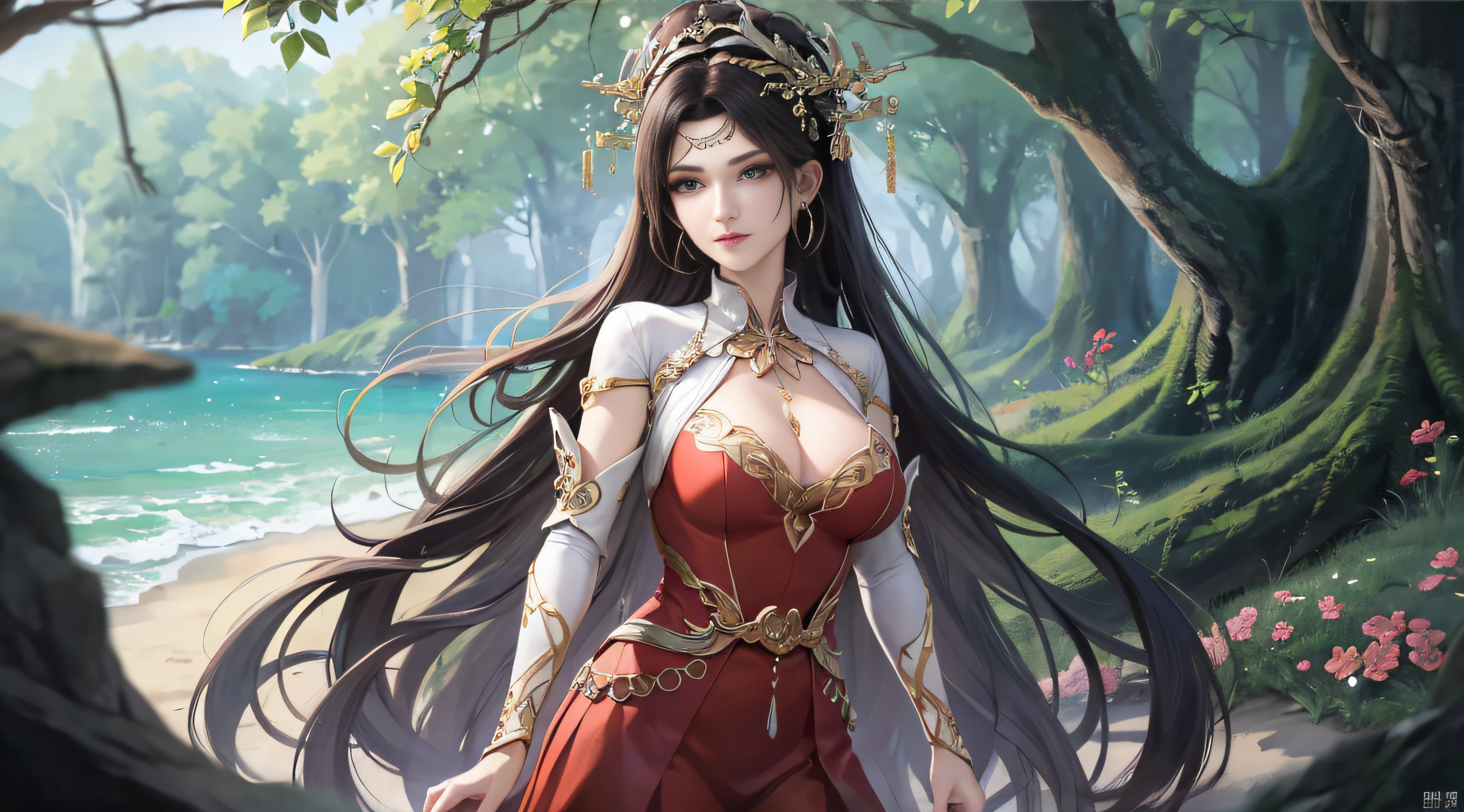 best qualtiy，tmasterpiece，Extremely Delicately Beautiful，The is very detailed，CG，unified，8k wallpaper，Beautiful Meticulous Girl，（very vey very detailed face）， 1girll，独奏，The whole body leans against the trees by the sea，Wearing a long red dress，large tities