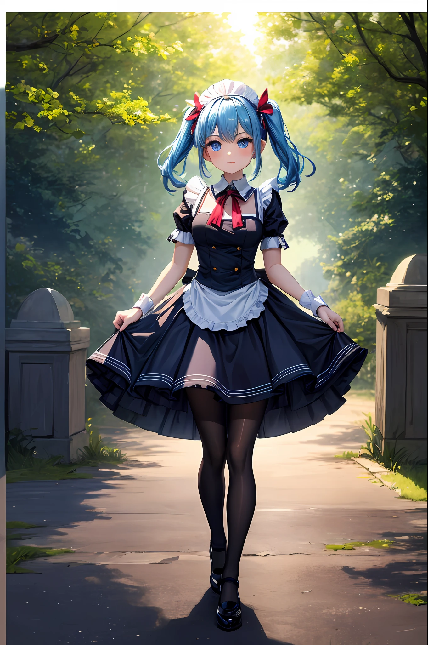 （tmasterpiece：2.0，best qualtiy），（Fine beautiful eyes：2.0），ph_REM，Remhd，1girll，Blue hair，独奏，eBlue eyes，x hair accessories，legs ornaments，Bow knot，Long thick socks，lacepantyhose，Lolita heels，Lolita shoes，Rossvale Mansion maid uniform，full bodyesbian，Two hands，Two legs，Photo art，maidennurse，Skysky，the ocean，rays of sunshine，the trees，wave，