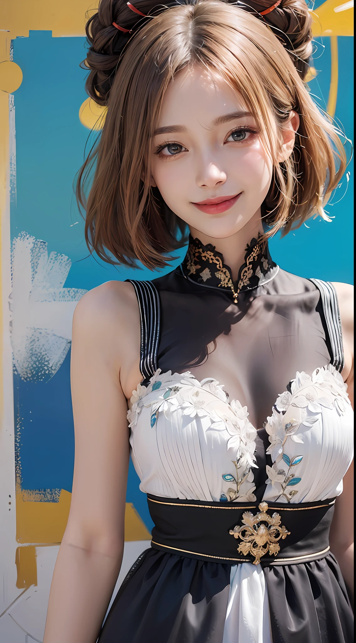 1girl, heterochromia, gradient hair: 1.5, focus, (abstract theme, abstract background,) smile, milf, impact. Masterpiece, 1 Beautiful Girl, Detailed Eyes, Swollen Eyes, Top Quality, Ultra High Resolution, (Realistic: 1.4), Film Lighting, Japanese, Asian Beauty, Korean, Very Beautiful, Beautiful Skin, Slender, Body Facing Forward, (Ultra Realistic), (High Resolution), (8K), (Very Detailed ), ( Best Illustration), (Beautifully Detailed Eyes), (Super Detailed), (Wallpaper), Detailed Face, Lighting is Bright, Professional Lighting, Looking at Viewer, Facing Forward, Smiling, Short Hair, Clean Clothing, Slightly Blurred Background, Street Trees, Rain, Hair Color Some Vivid Blue, Birthday, Dress、