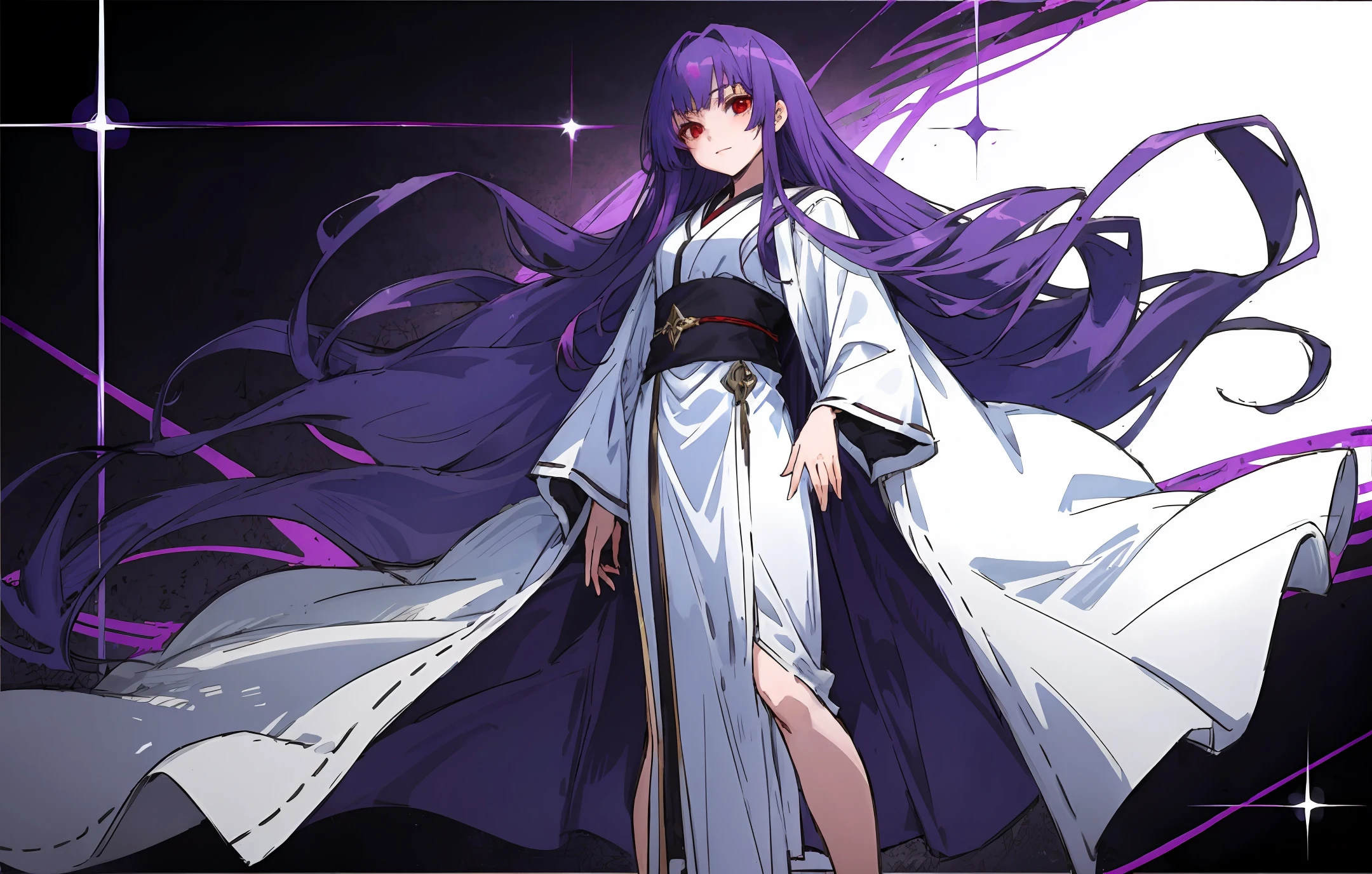 Long purple hair, dull hair, red eyes, contemptuous melon face, delicate calves, long clothes, robes, female anime characters with long hair to the feet of vampires