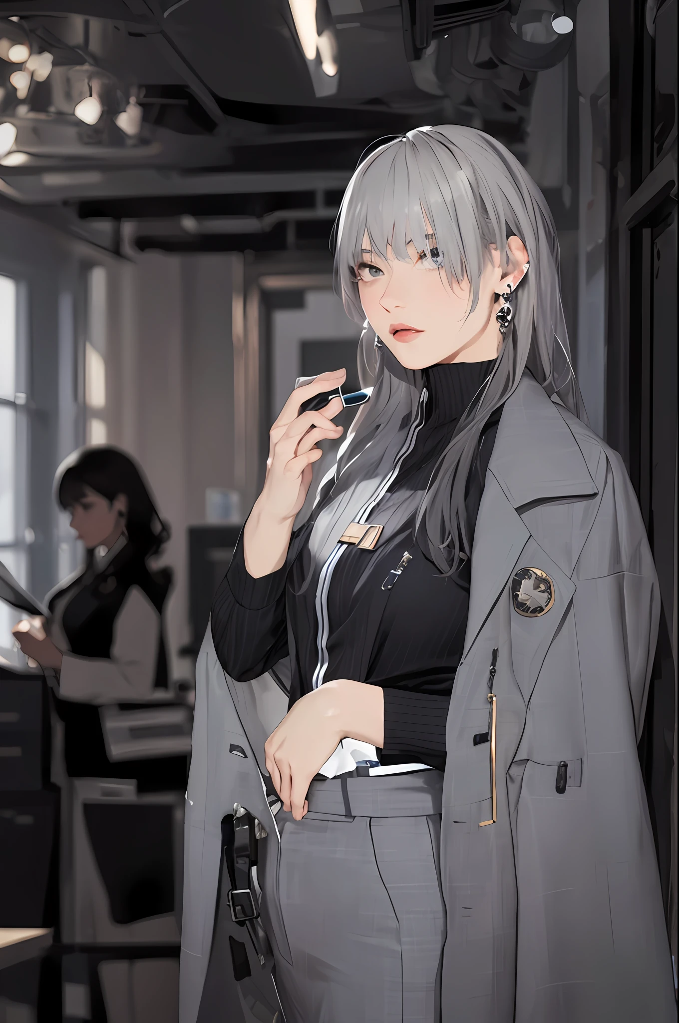 ((Masterpiece, Superb Business Negotiation Aesthetics)), 1 female solo, Close-up, (Determined eyes), (Gray suit top, Black shirt, tie, trousers), (Wavy hair), (formal outfit), Mature woman, (Clear facial features, Detailed skin texture, Beautiful face), White background, Earrings, perfect slim thick body, Huge breasts, standing, (Masterpiece, Top quality, Best quality), ((Flat color))