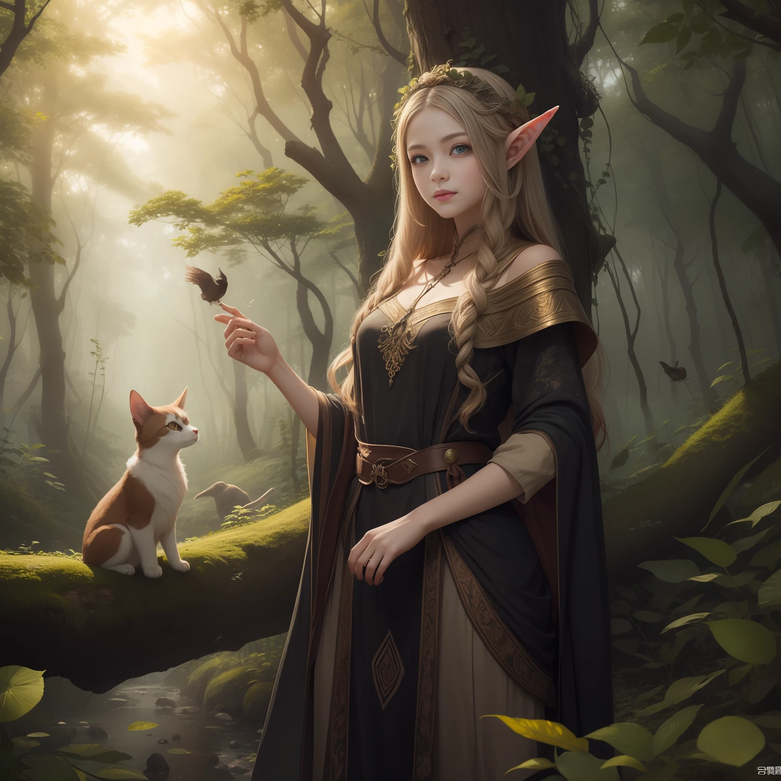(masterpiece)8K分辨率、top-quality、Elven beautiful girl playing with animals、The background is the forest、fantasy-inspired、Hazel Eyes