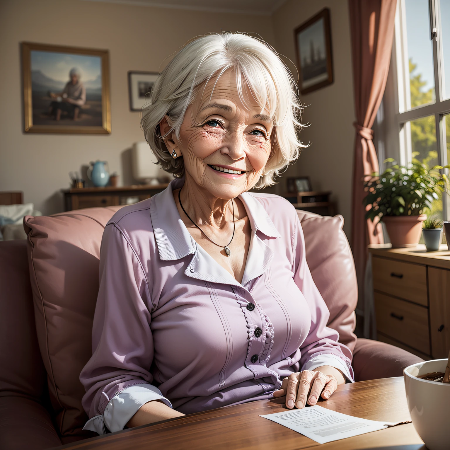 An elderly lady, alone, looking in front, wise 50 years with beautiful hair, in a cheerful environment, smiling, clear environment, high quality high quality texture. --auto