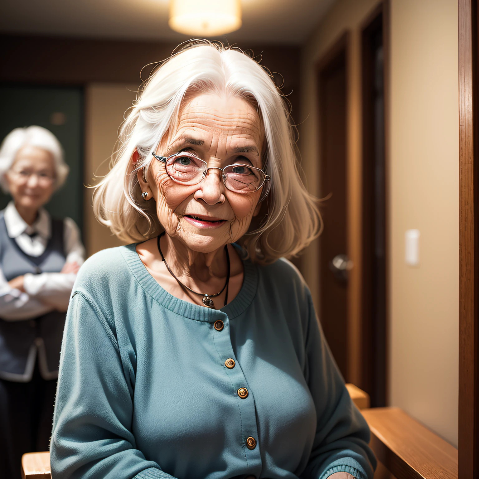 An elderly lady, alone, looking in front, wise 50 years with beautiful hair, in a cheerful environment, smiling, clear environment, high quality high quality texture. --auto