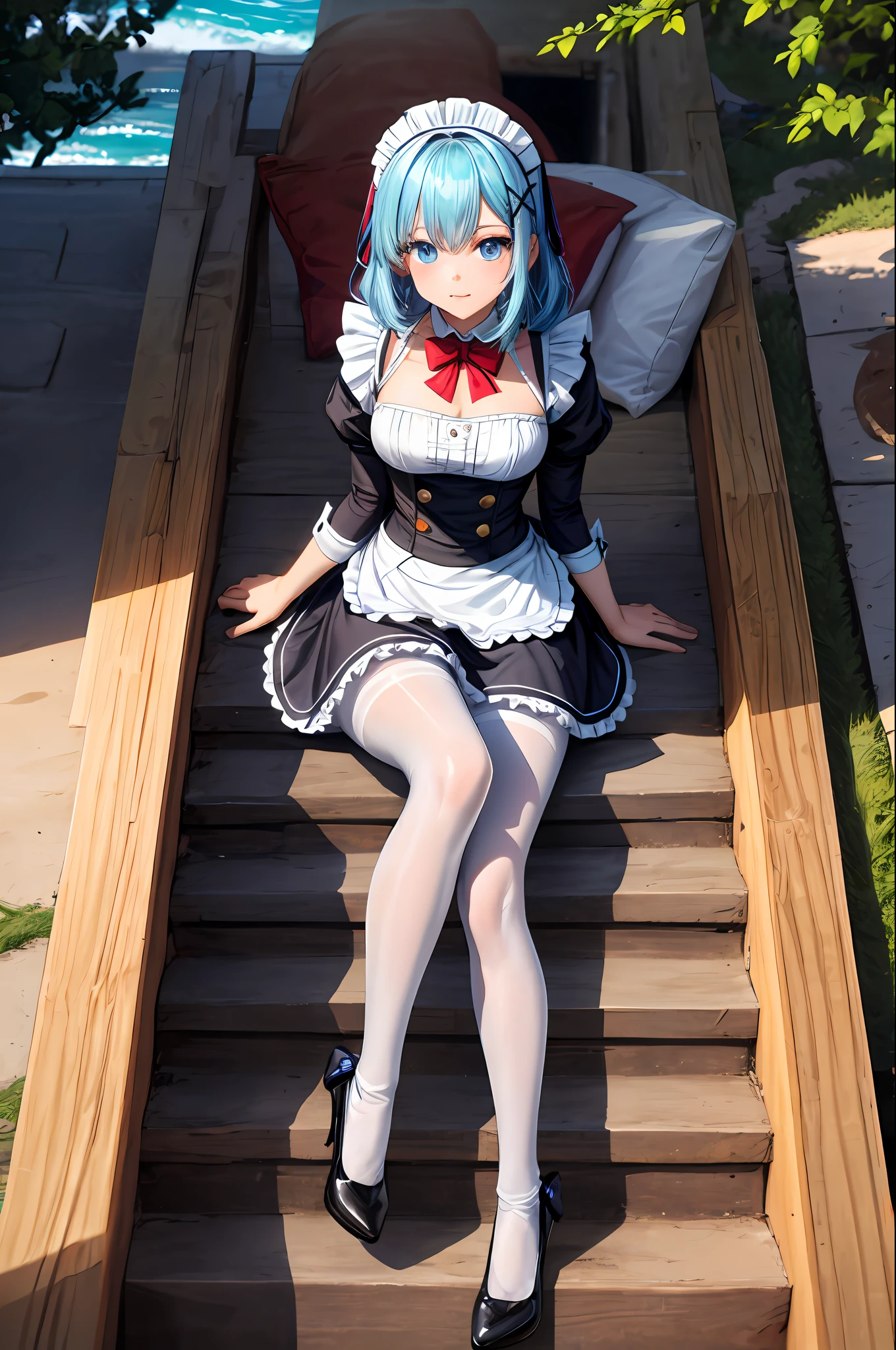 (tmasterpiece:2.0,best qualtiy),(Fine beautiful eyes:2.0),ph_REM,Remhd,1girll,Blue hair,独奏,eBlue eyes,x hair accessories,legs ornaments,Bow knot,Long thick socks,lacepantyhose,ta heels,Lolihoes,Rossvale Mansion maid uniform,full bodyesbian,Two hands,Two legs,Photo art,maidennurse,Skysky,the ocean,rays of sunshine,the trees,wave,