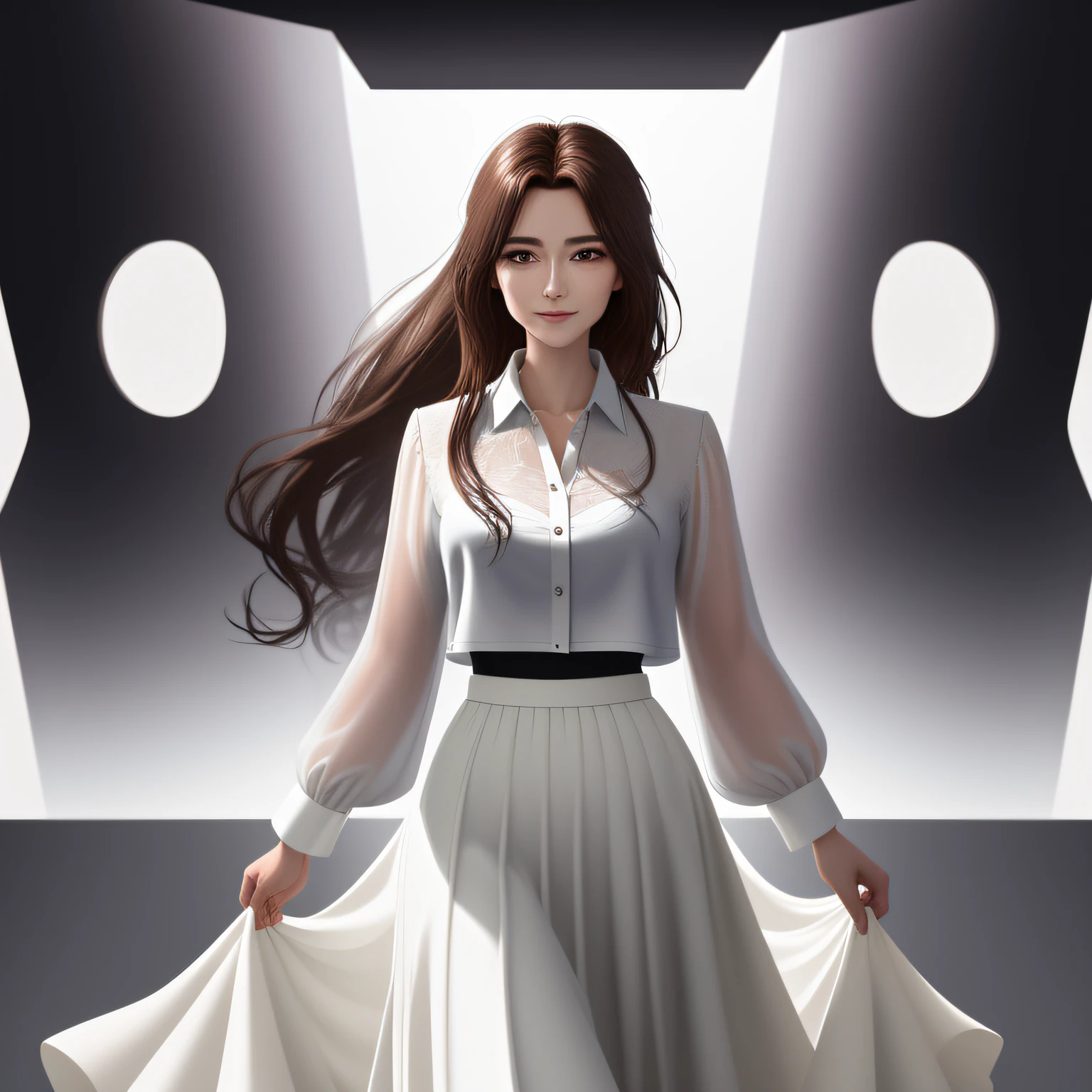 brunette color hair, Long hair tied in a ponytail, Beautuful Women, ssmile、Spiritual voidness, White color blouse, The shirt, long skirt, high detail, Futurism, chiaroscuro, masterpiece, high details, high quality, 8k, highres