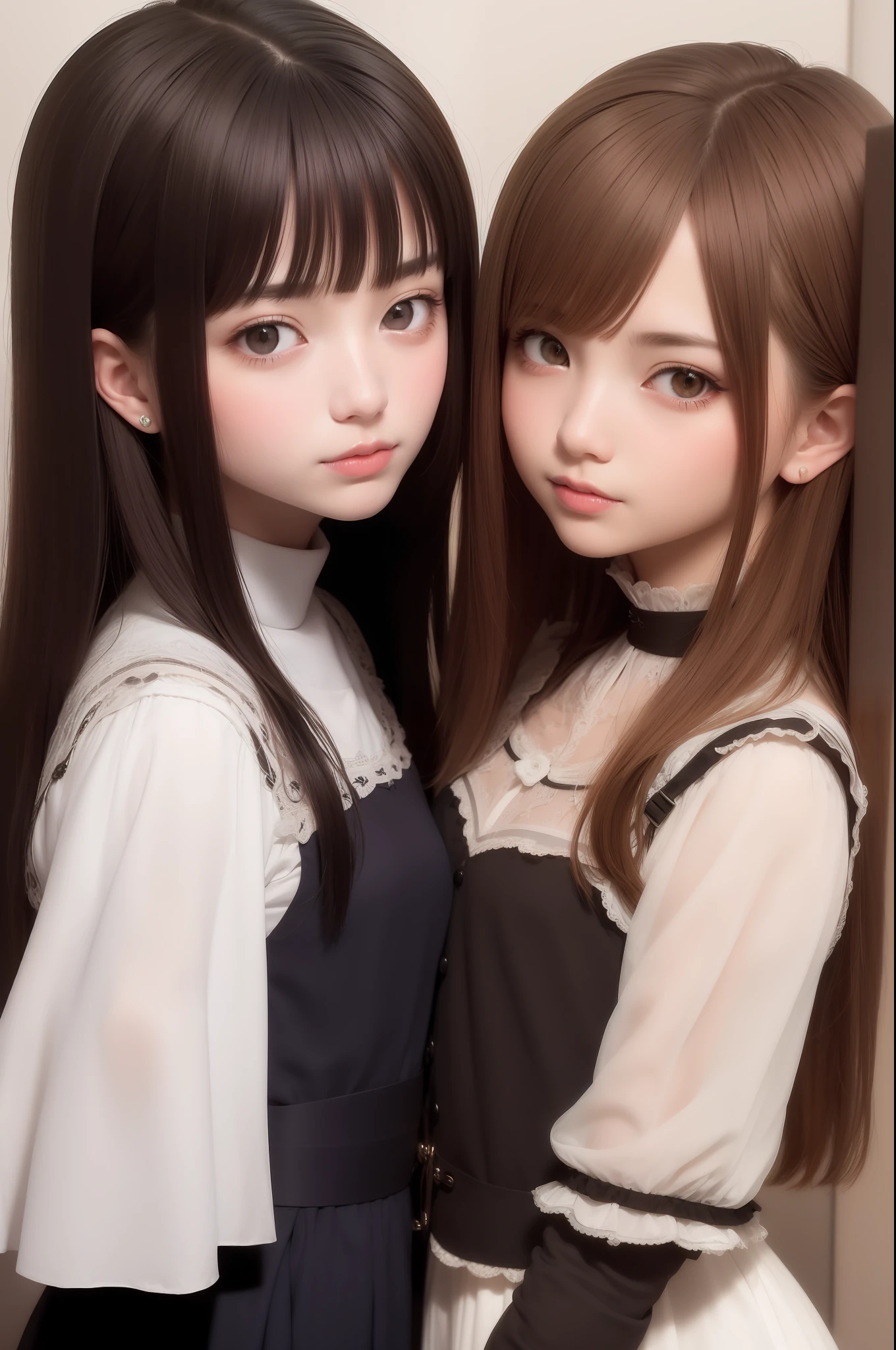 Best quality at best，tmasterpiece，（fidelity：1.2），2 girls，brown  hair，with brown eye，frontage，A detailed face，beautidful eyes，period costume，Resplendent