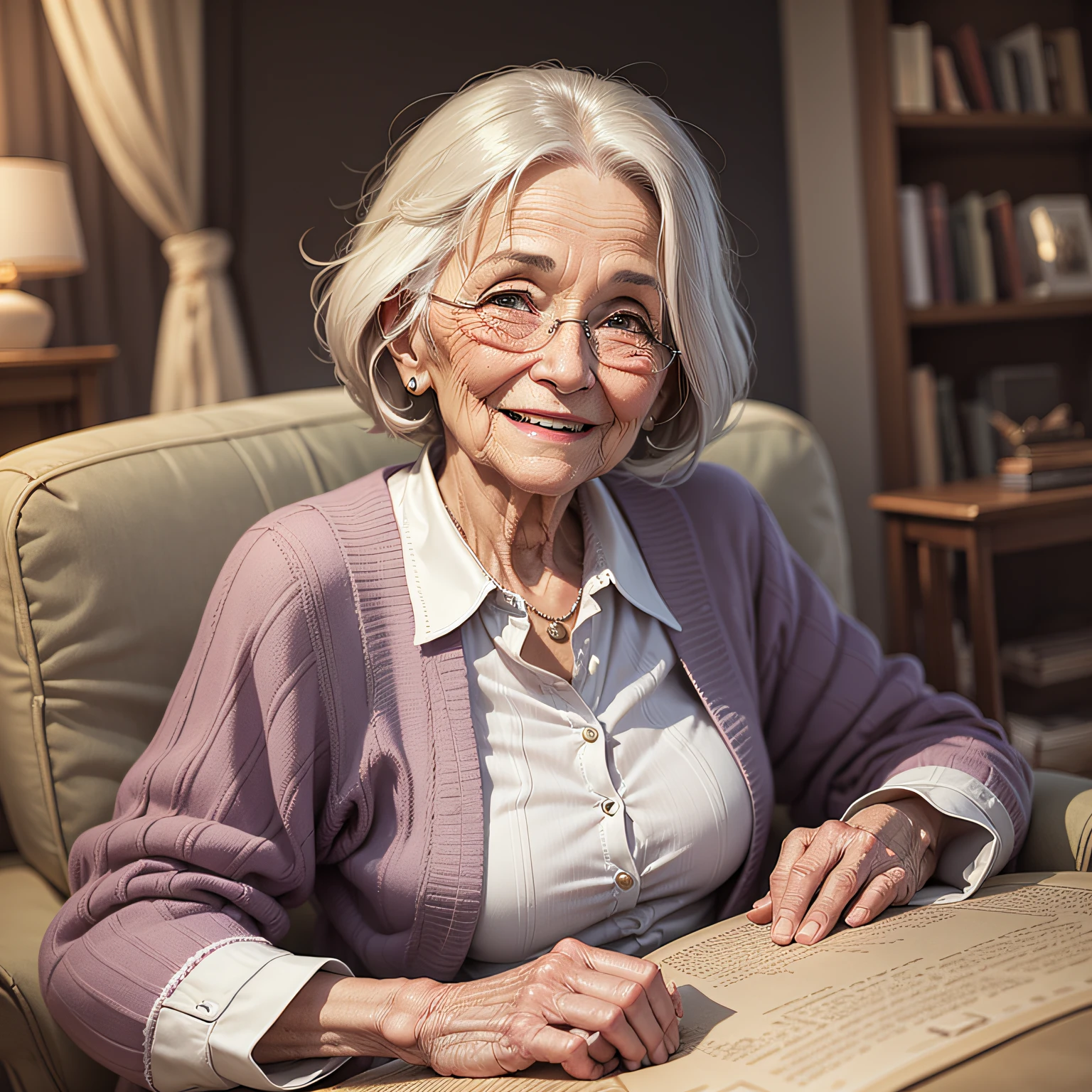 An elderly lady, alone, looking in front, wise 50 years with beautiful hair, in a cheerful environment, smiling, clear environment, high quality high quality texture. --auto