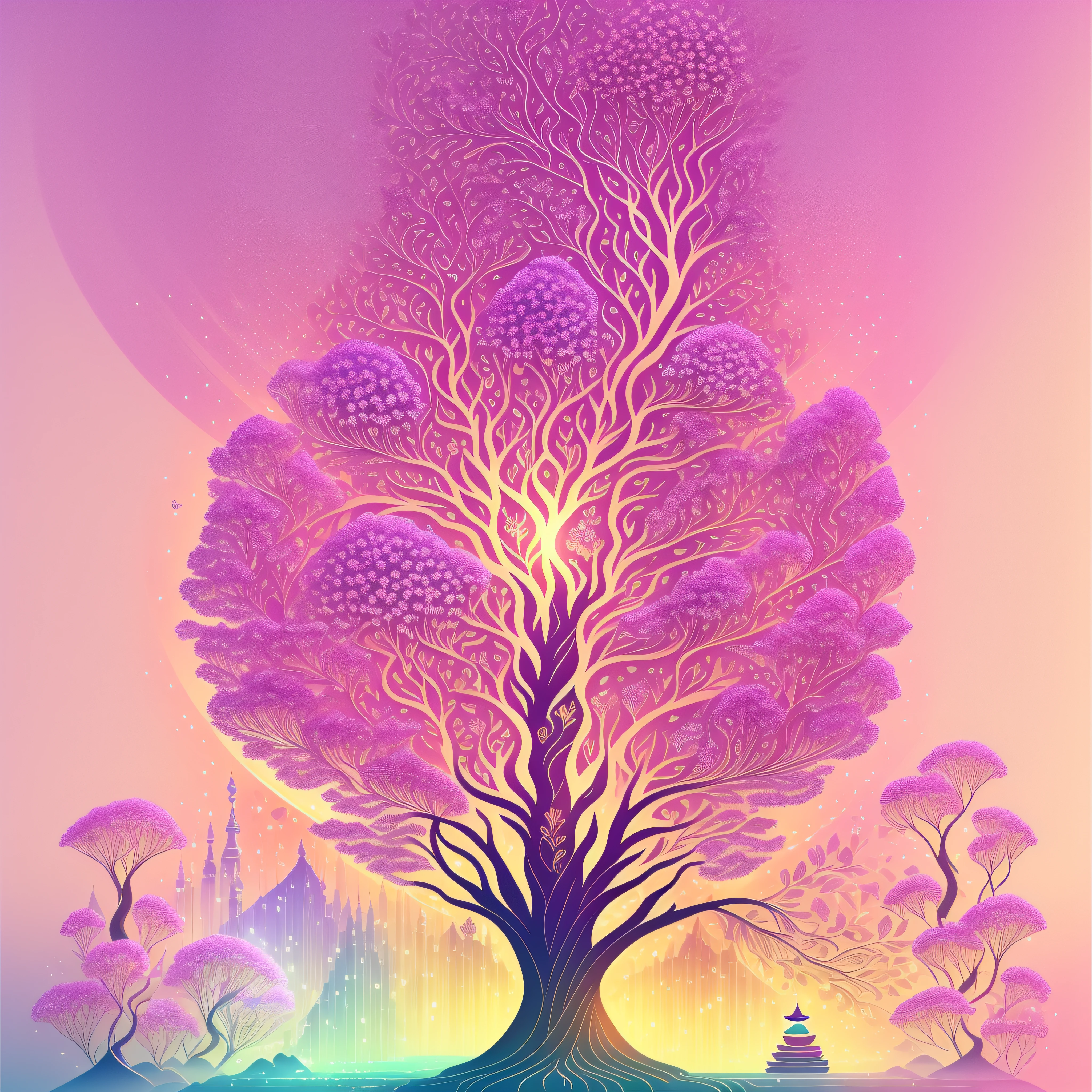 Seamless patterns of flowers and trees, rainbow themed, repeating patterns design, fabric art, flat illustration, rainbow-core, highly detailed clean, vector image, photorealistic masterpiece, professional photography, simple pink field background, isometric, bright vector --auto