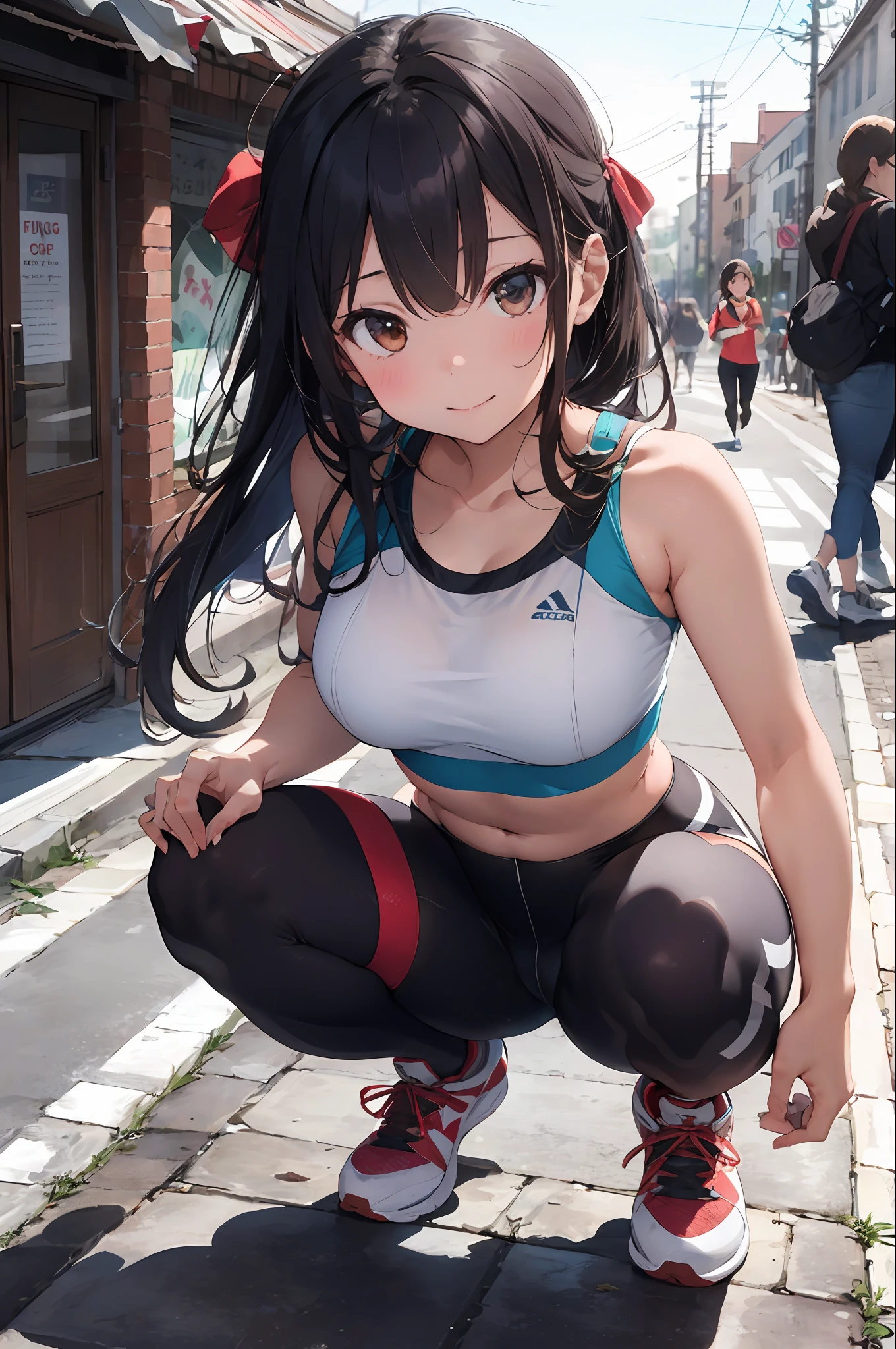 masterpiece, best quality,1girl,young girl,brown eyes,long hair,mesugaki smile,shiny skin,(nice leg line:1.3),thick thighs,thin waist,huge breasts
BREAK
Cropped leggings, sports bra, crop top, running shoes, and headband
BREAK
, Pottery_studio,,crowd,depth of field,looking at viewer,squatting,from above,full body,legsupsexms
