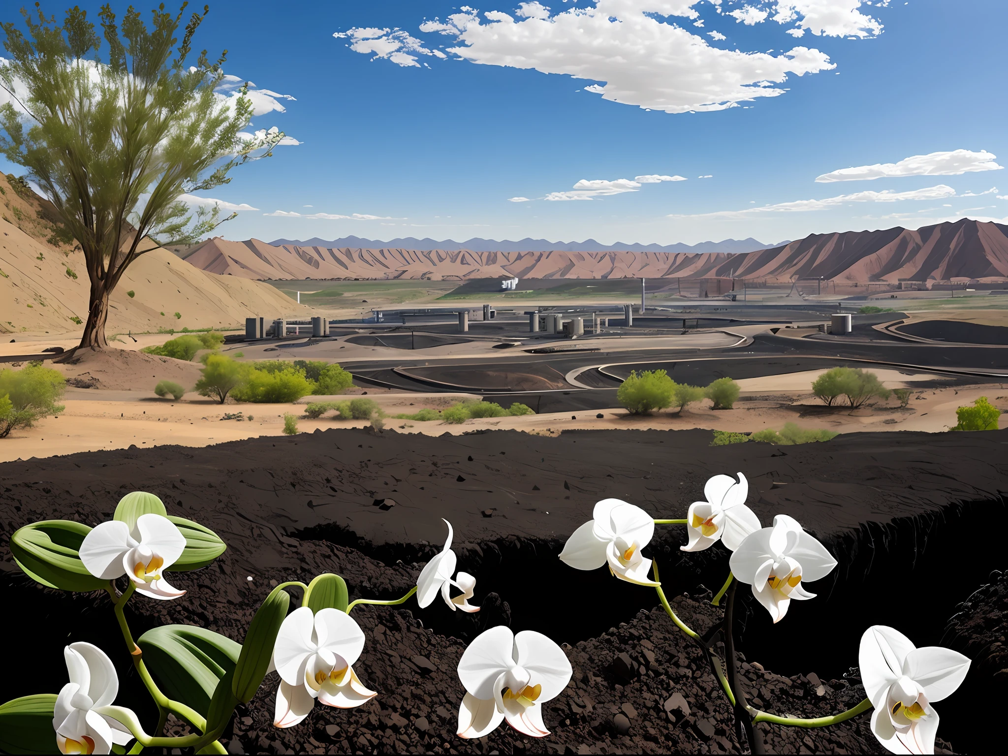 In the vast desert，Standing is a hill where coal mines are piled up，White Phalaenopsis orchids bloom on top of black coal mines