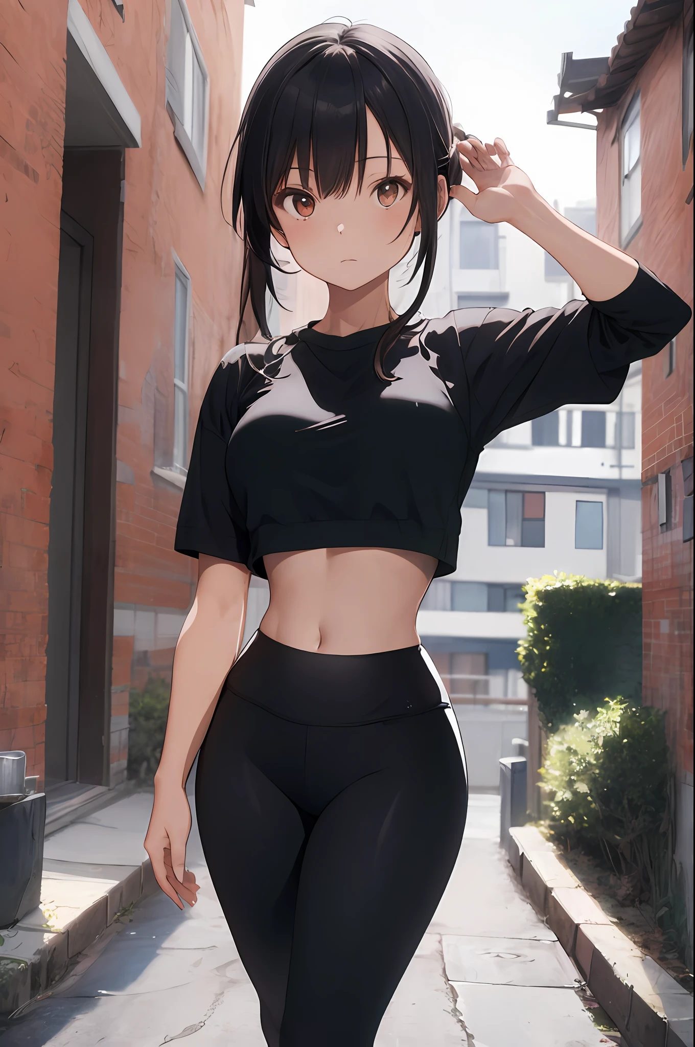 (best quality, masterpiece), 1girl, meditating, yoga pants, crop top, apartment,
