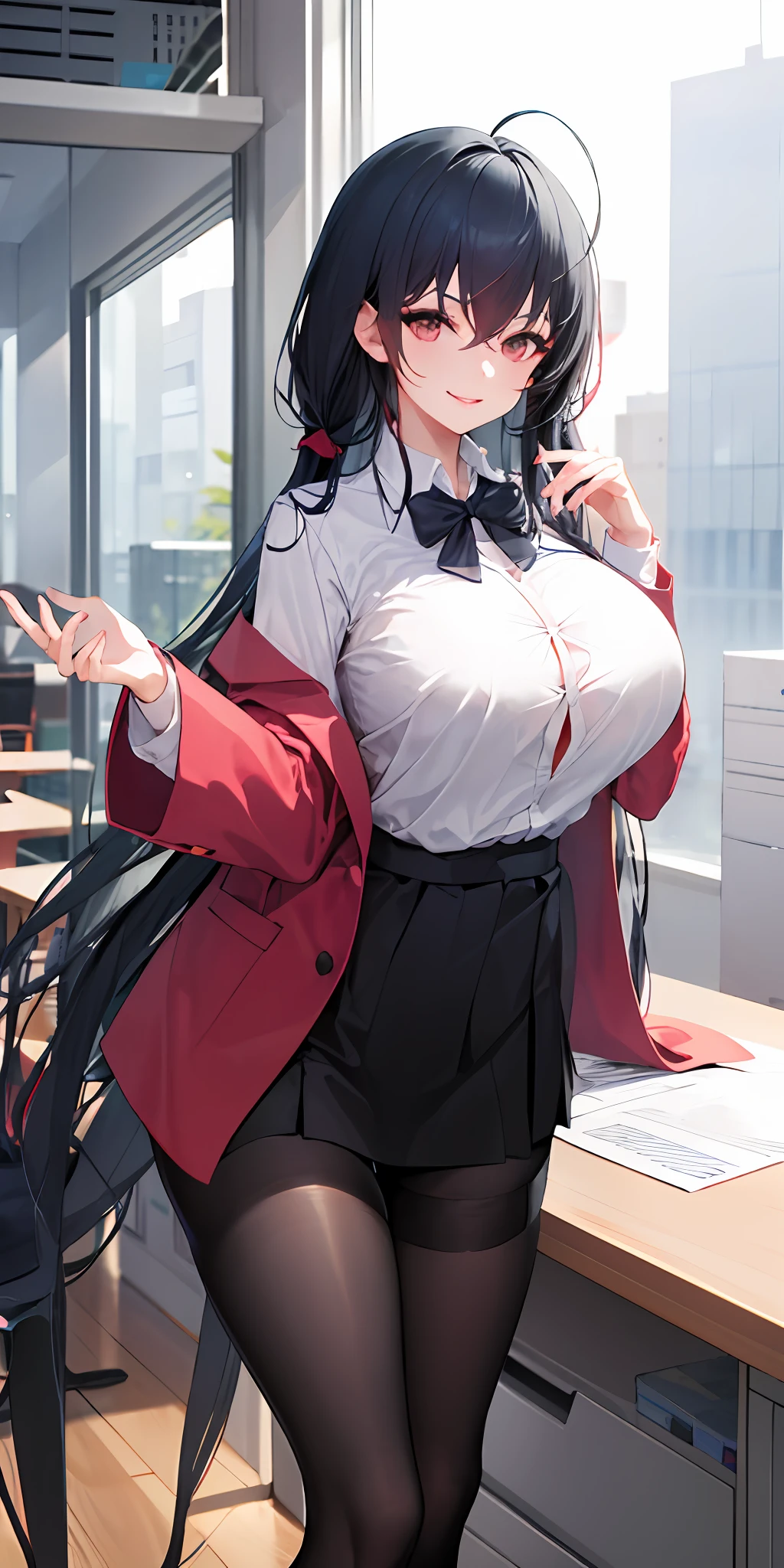 ((masterpiece, best)),(1girl),((mature woman)), light pink hair, dizzy, trumpet, ((office lady)), bangs, mid-chest, (full), slim, smiling, [wide hips] ,office,standing, aru \(blue archive\),