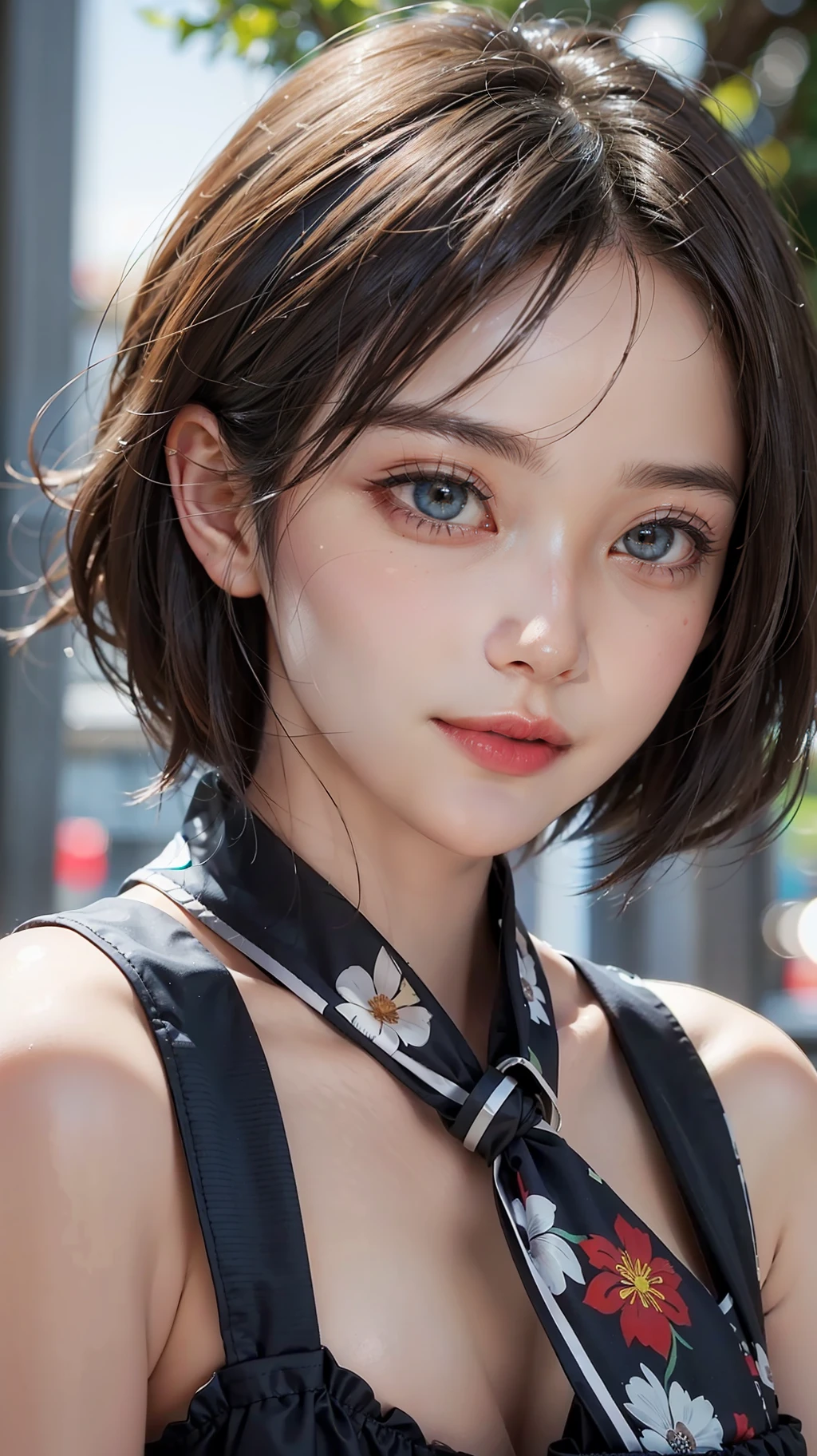 1girl, heterochromia, gradient hair: 1.5, focus, (abstract theme, abstract background,) smile, milf, impact. Masterpiece, 1 Beautiful Girl, Detailed Eyes, Swollen Eyes, Top Quality, Ultra High Resolution, (Realistic: 1.4), Film Lighting, Japanese, Asian Beauty, Korean, Very Beautiful, Beautiful Skin, Slender, Body Facing Forward, (Ultra Realistic), (High Resolution), (8K), (Very Detailed ), ( Best Illustration), (Beautifully Detailed Eyes), (Super Detailed), (Wallpaper), Detailed Face, Lighting is Bright, Professional Lighting, Looking at Viewer, Facing Forward, Smiling, Short Hair, Neat Clothing, Slightly Blurred Background, Street Trees, Hair Color Some Vivid Blue, Birthday, Dress,