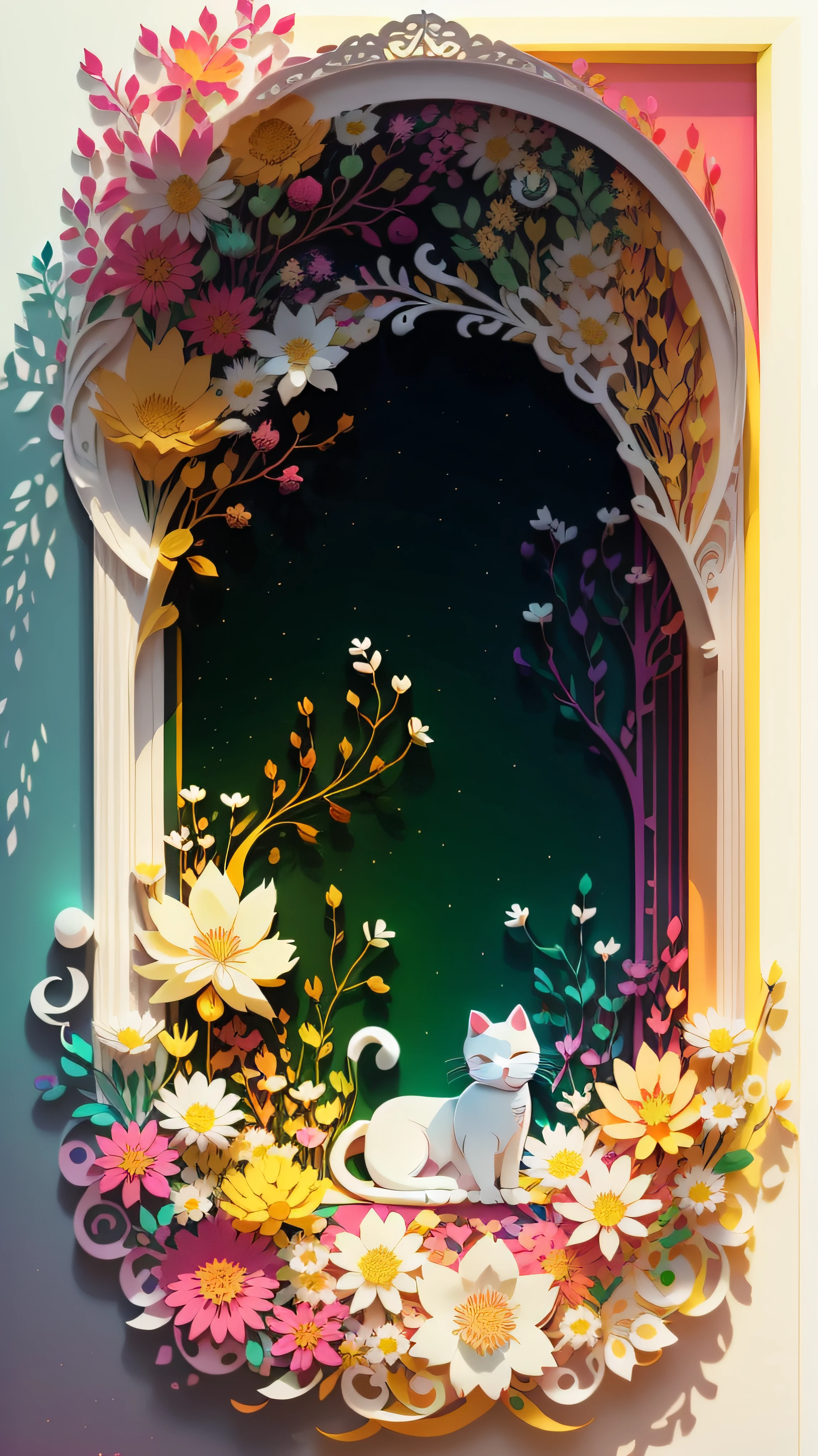 Seamless patterns of flowers and trees, rainbow themed, repeating patterns design, fabric art, flat illustration, rainbow-core, highly detailed clean, vector image, photorealistic masterpiece, professional photography, simple pink field background, isometric, bright vector --auto