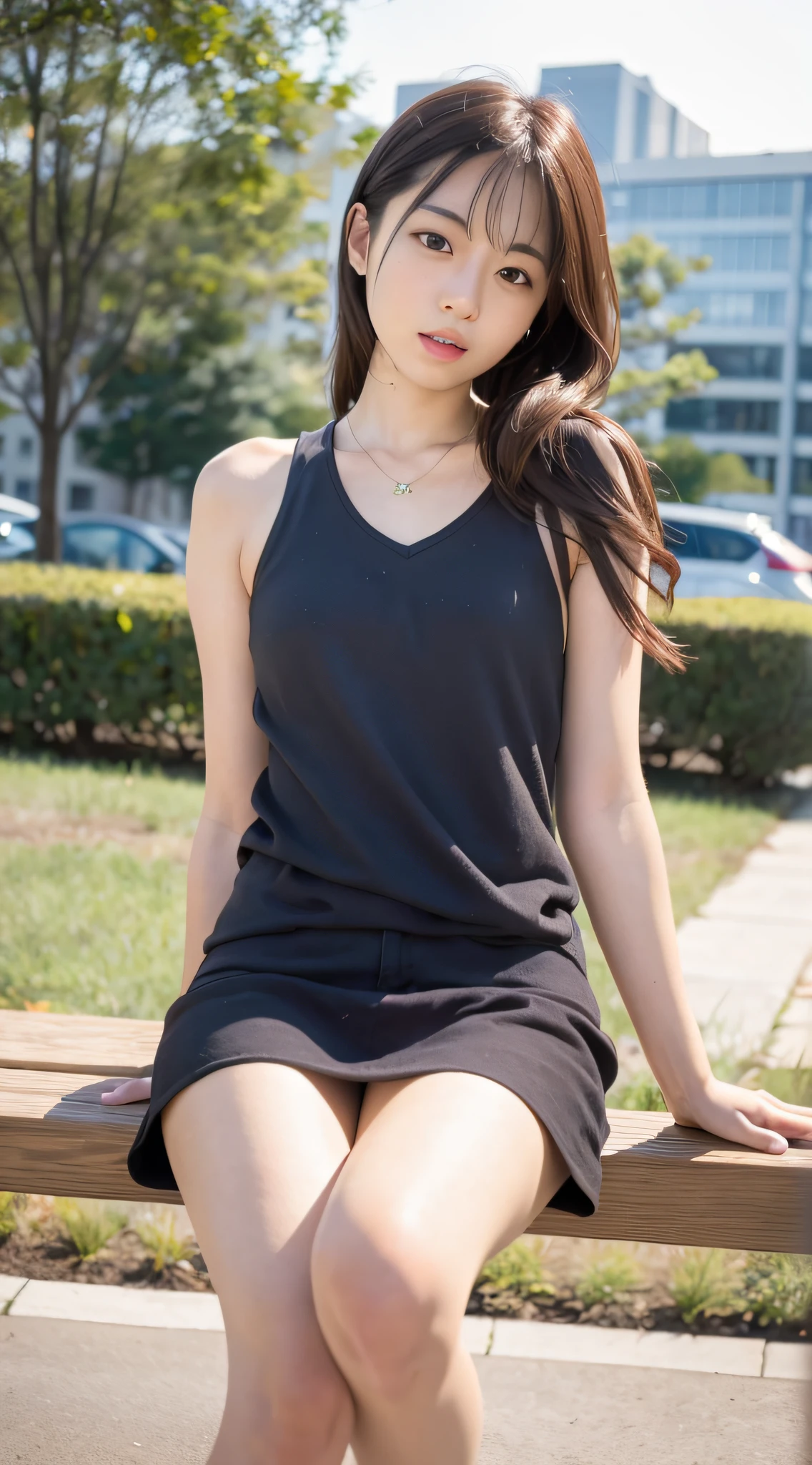 mix4, 20 days, Solo, Long_Hair, Nanase Nishino, Haruka Kaki, park, bench, Seated, (8K, RAW photography, Best quality, Masterpiece:1.2), (Realistic, Photorealistic: 1.37), Professional lighting, photon maping, Radio City, physically-based renderingt
