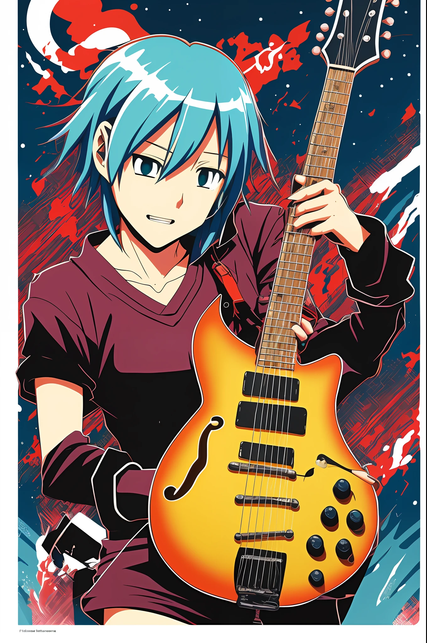 Haruko Haruhara from FLCL holding a blue Rickenbacker 4001, Soul Eater style, by Isaac quek (30%), by studio Ghibli (50%), by Ilya Kuvshinov (20%), masterpiece, highres, 4k, digital art, anime style, detailed eyes, detailed body, simple background --auto --s2