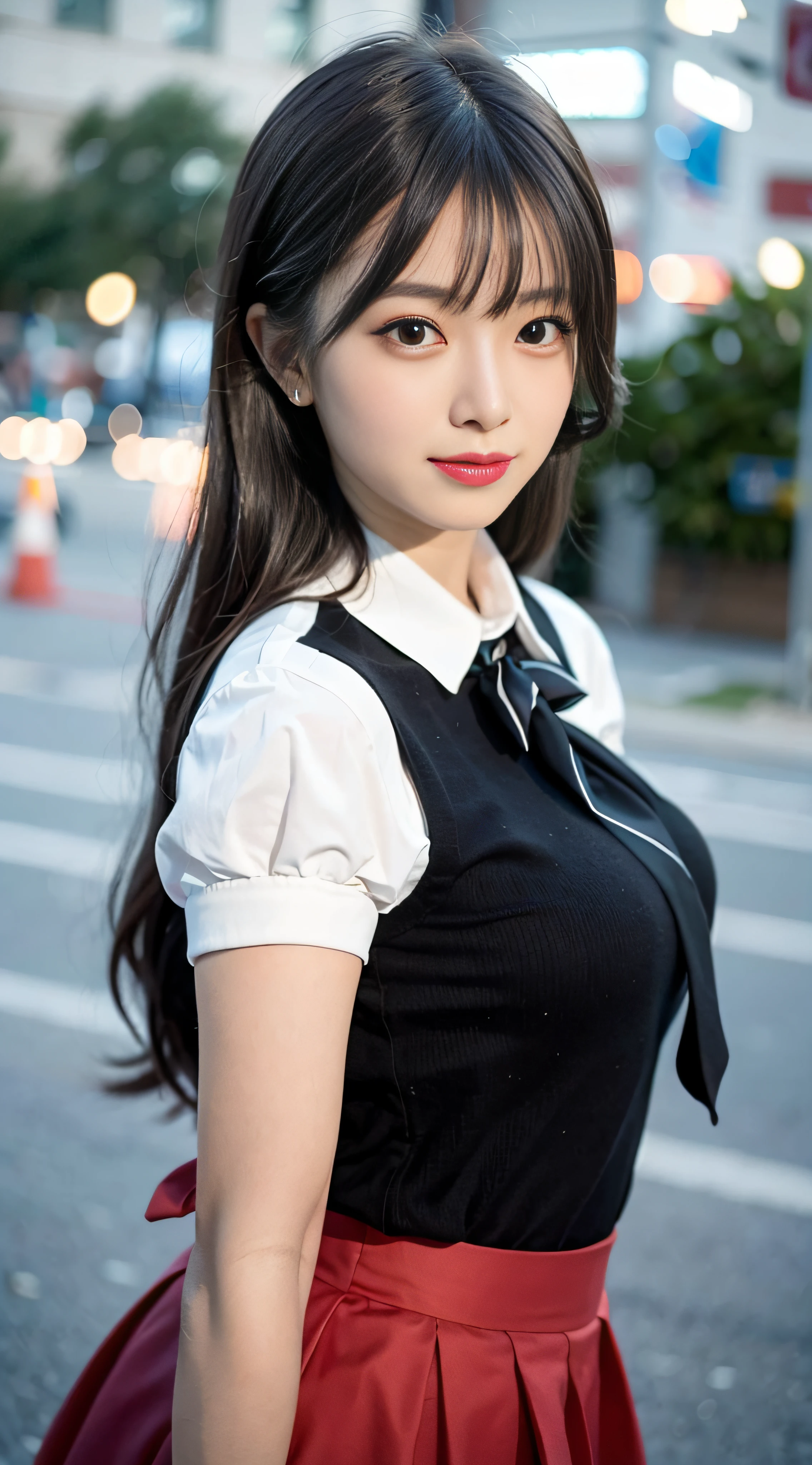 (4K, RAW photo, Best quality, Masterpiece: 1.3), (Real, photoreali: 1.37), (Night), (view the viewer: 1.331), (Black hair), posing on a, School playground, Night scene, Gentle light, 1girll, Beautiful face, Bust photo, Random hairstyle, Random expression, Big eyes, belly, (short- sleeved.JK_shirt), JK_Style, (Crimson JK_Skirt) ,(Bow JK_tie),Solo,