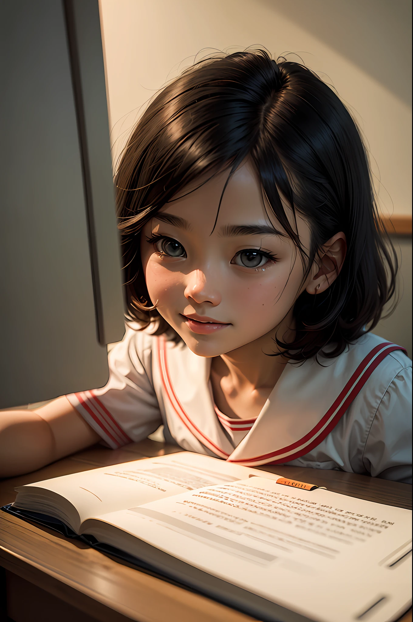 At home, Study at your desk, short detailed hair, Primary school student wearing Shenzhen school uniform, ssmile, looking at viewert, 35mm, filmgrain, Cinematic lighting, surrealism, Super detail, High details, Best quality, A high resolution