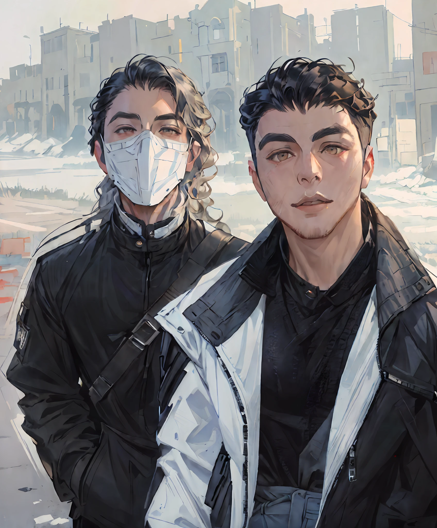 (Art HD 8,000 pixel selfie photo,Extremely realistic artistic realism style,scifi style,robot,bodysuit,mecha,robot)Two young men wearing masks,Long-haired wolf-tailed boy in a black mechanical trench coat wearing a mechanical mask,Wearing white mechanical style clothes,Curly-haired boy without a mask