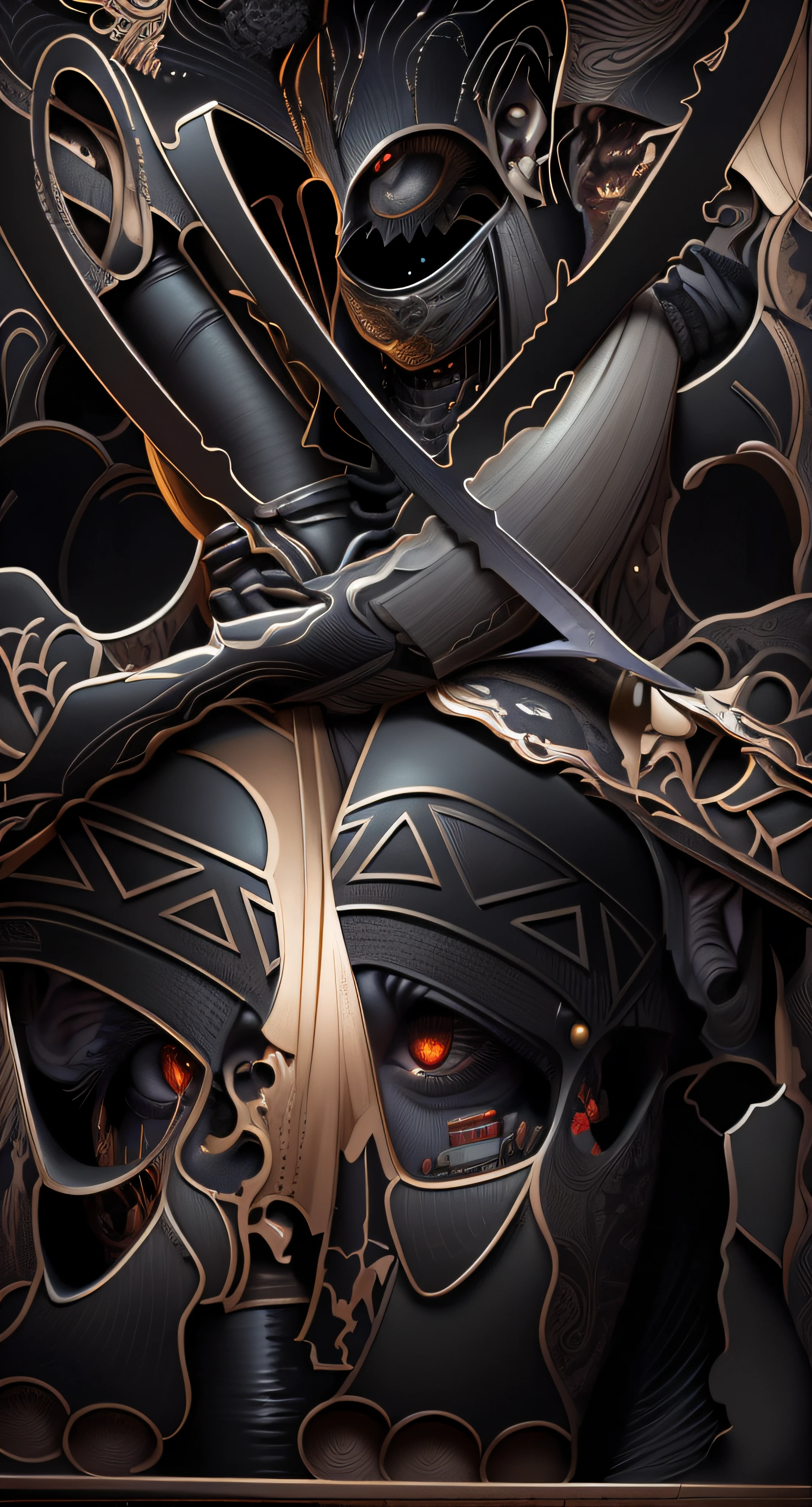 there is a black and white picture of a man with a sword, Arte digital escura, mas detalhada, fundo ninja do ciborgue fractal, epic graphic novel wallpaper, Mark Brooks detalhou, arte oficial altamente detalhada, arte escura altamente detalhada, full art illustration, detailed digital illustration, Grande arte digital com detalhes, arte detalhada da capa, arte de quadrinhos de alto detalhe, dark fantasy illustration