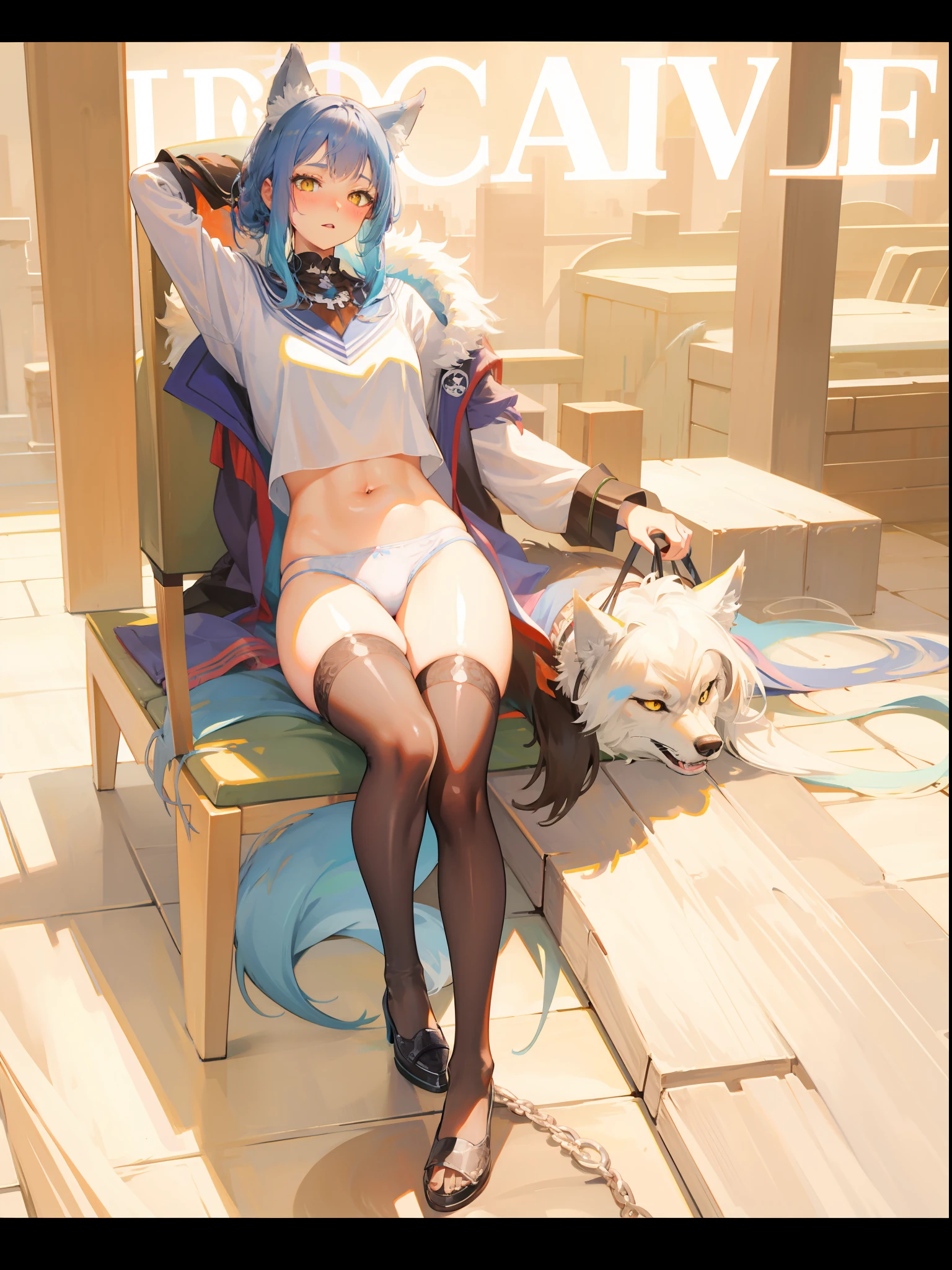 solo person,Wolf head,Wolf tail,male people,musculature,oil painted,Sexy blue again,blue hairs,There is fur on the arms,There is fur on the legs,The whole body is covered with fur,white panties,Strong