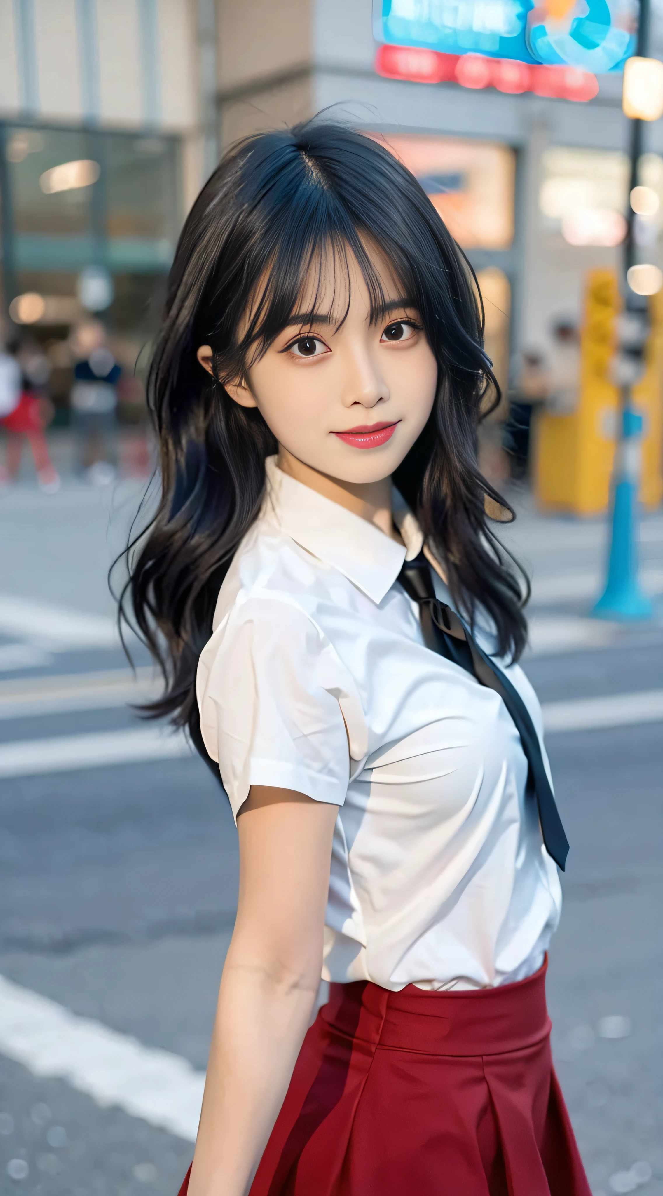 (4K, RAW photo, Best quality, Masterpiece: 1.3), (Real, photoreali: 1.37), (Night), (view the viewer: 1.331), (Black hair), posing on a, School playground, Night scene, Gentle light, 1girll, Beautiful face, Bust photo, Random hairstyle, Random expression, Big eyes, belly, (short- sleeved.JK_shirt), JK_Style, (Crimson JK_Skirt) ,(Bow JK_tie),Solo,
